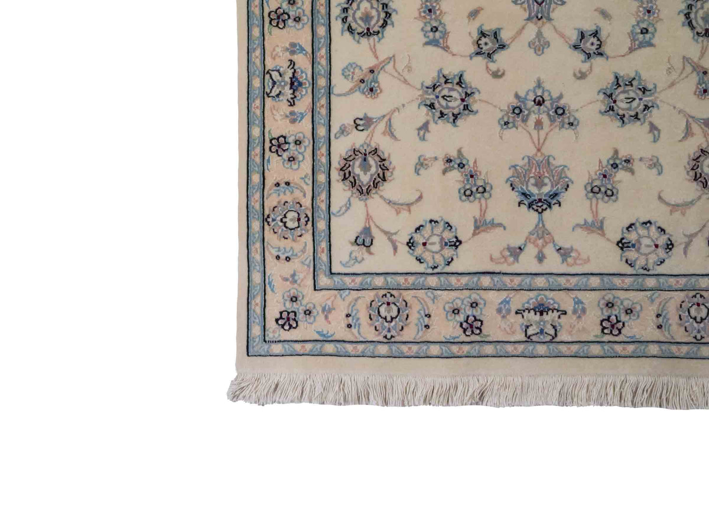 Handgeknüpfter Nain 9La Läufer-Perserteppich von Khademi aus Wolle mit Seide, cremeweiß. Klassisches Allover-Design. Traditionell von Hand geknüpft in Iran / Persien. Größe: 346 cm x 89 cm. Teppichnummer: RB3-1087. Verkauf durch Jupiter Intl.