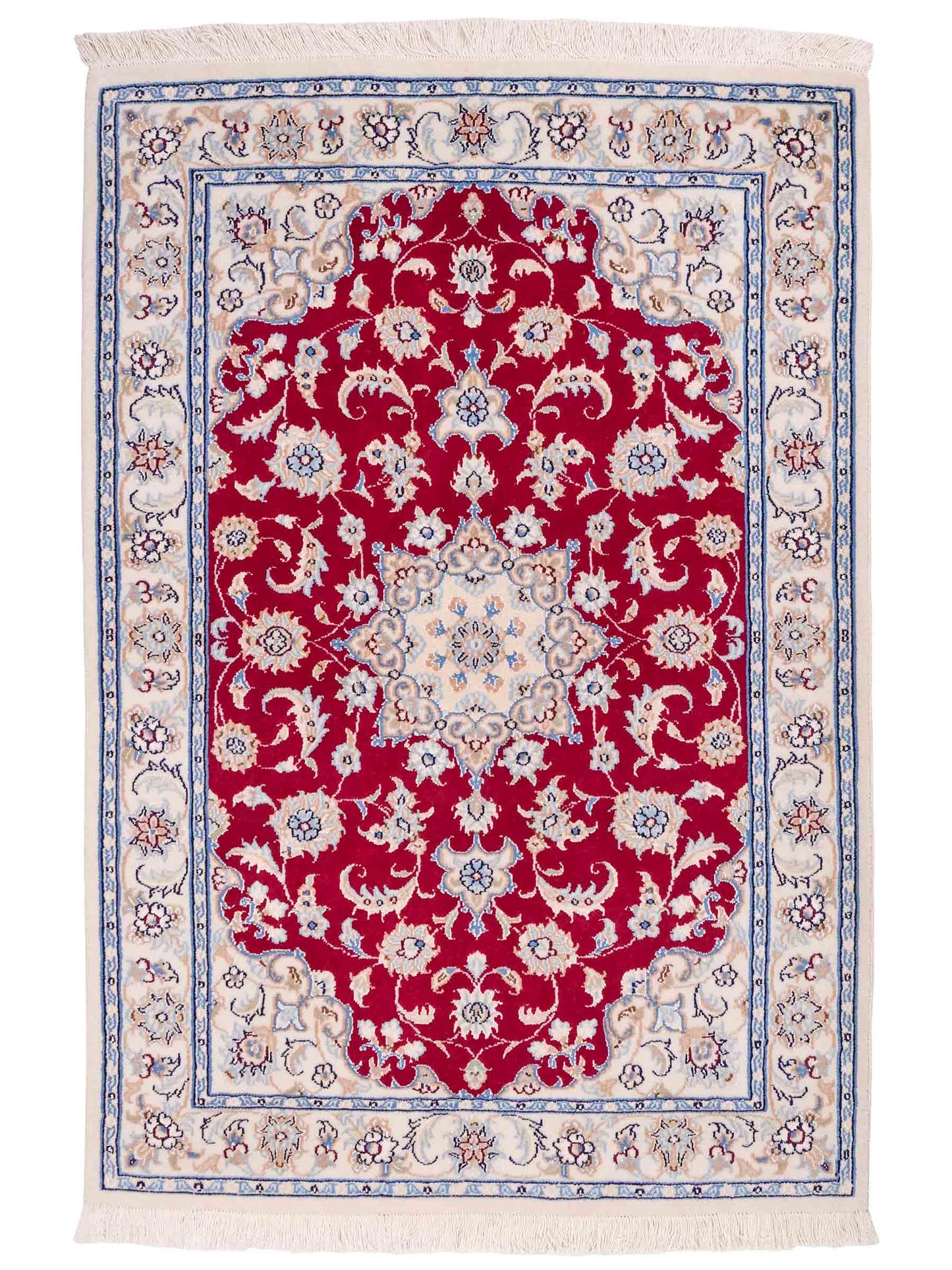 Handgeknüpfter Nain 9La Perserteppich von Khademi aus Wolle mit Seide, rot, cremeweiß. Persischer Orientteppich mit Medaillon. Von Hand geknüpft in Iran / Persien. Größe: 120 cm x 80 cm. Teppichnummer: SB3-1019. Verkauf durch Jupiter Intl.