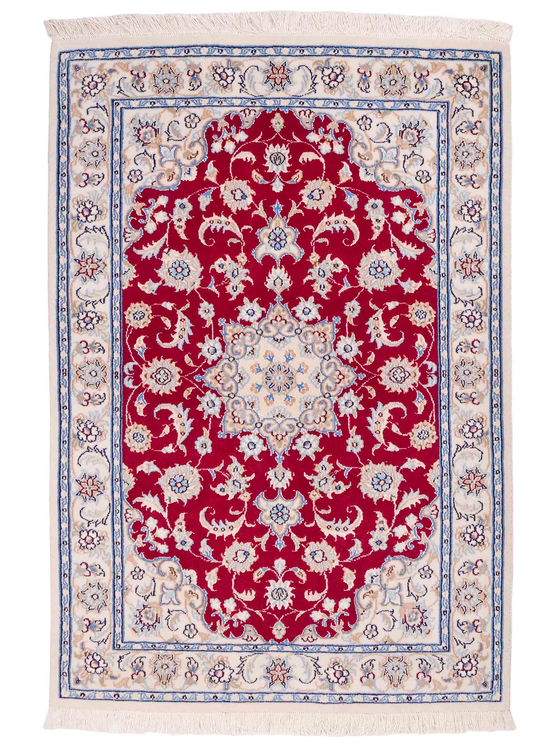 Handgeknüpfter Nain 9La Perserteppich von Khademi aus Wolle mit Seide, rot, cremeweiß. Persischer Orientteppich mit Medaillon. Von Hand geknüpft in Iran / Persien. Größe: 120 cm x 80 cm. Teppichnummer: SB3-1019. Verkauf durch Jupiter Intl.