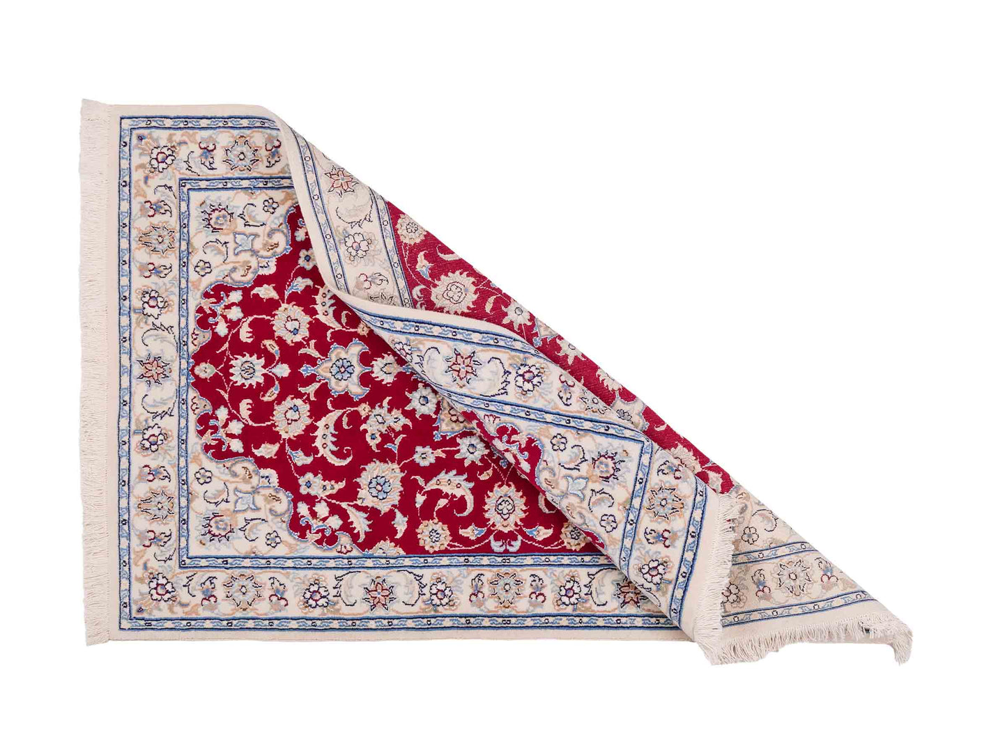 Handgeknüpfter Nain 9La Perserteppich von Khademi aus Wolle mit Seide, rot, cremeweiß. Persischer Orientteppich mit Medaillon. Von Hand geknüpft in Iran / Persien. Größe: 120 cm x 80 cm. Teppichnummer: SB3-1019. Verkauf durch Jupiter Intl.