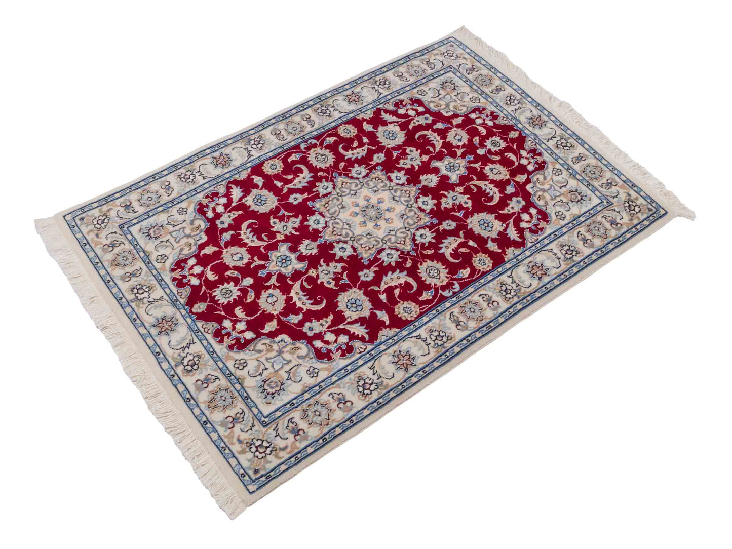 Handgeknüpfter Nain 9La Perserteppich von Khademi aus Wolle mit Seide, rot, cremeweiß. Persischer Orientteppich mit Medaillon. Von Hand geknüpft in Iran / Persien. Größe: 120 cm x 80 cm. Teppichnummer: SB3-1019. Verkauf durch Jupiter Intl.