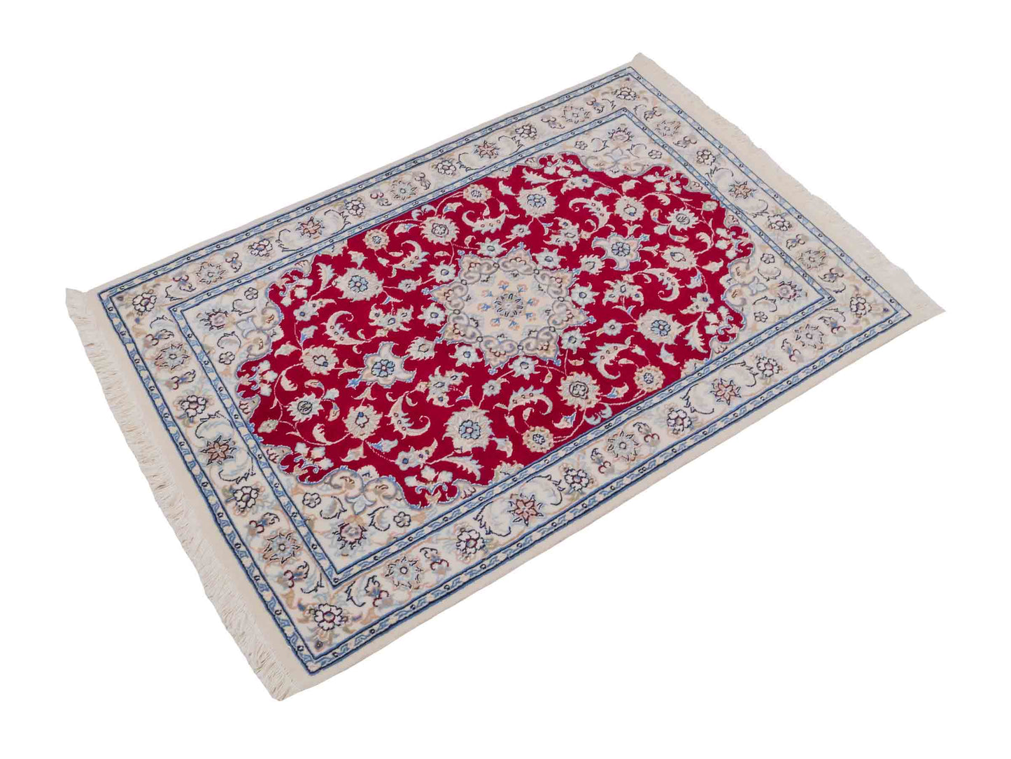 Handgeknüpfter Nain 9La Perserteppich von Khademi aus Wolle mit Seide, rot, cremeweiß. Persischer Orientteppich mit Medaillon. Von Hand geknüpft in Iran / Persien. Größe: 120 cm x 80 cm. Teppichnummer: SB3-1019. Verkauf durch Jupiter Intl.