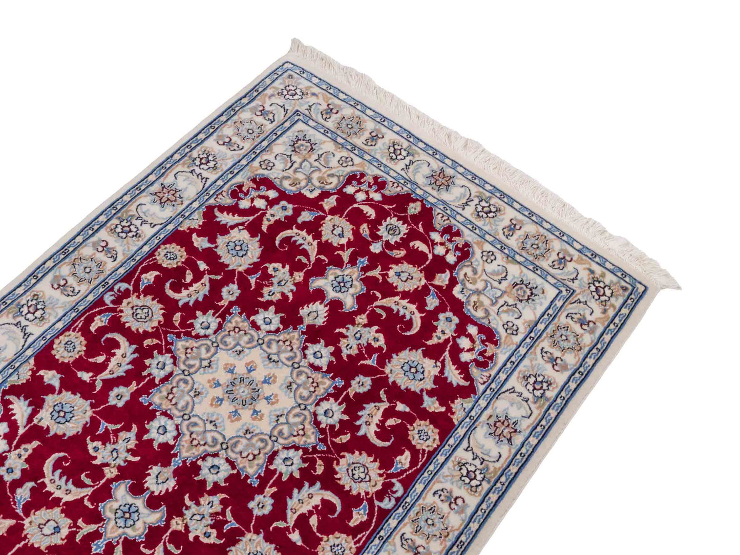 Handgeknüpfter Nain 9La Perserteppich von Khademi aus Wolle mit Seide, rot, cremeweiß. Persischer Orientteppich mit Medaillon. Von Hand geknüpft in Iran / Persien. Größe: 120 cm x 80 cm. Teppichnummer: SB3-1019. Verkauf durch Jupiter Intl.