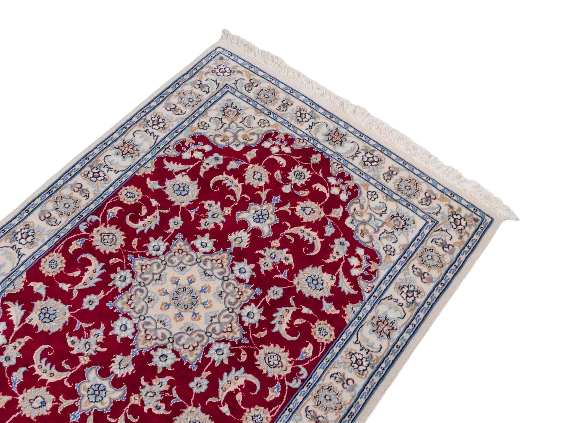 Handgeknüpfter Nain 9La Perserteppich von Khademi aus Wolle mit Seide, rot, cremeweiß. Persischer Orientteppich mit Medaillon. Von Hand geknüpft in Iran / Persien. Größe: 120 cm x 80 cm. Teppichnummer: SB3-1019. Verkauf durch Jupiter Intl.