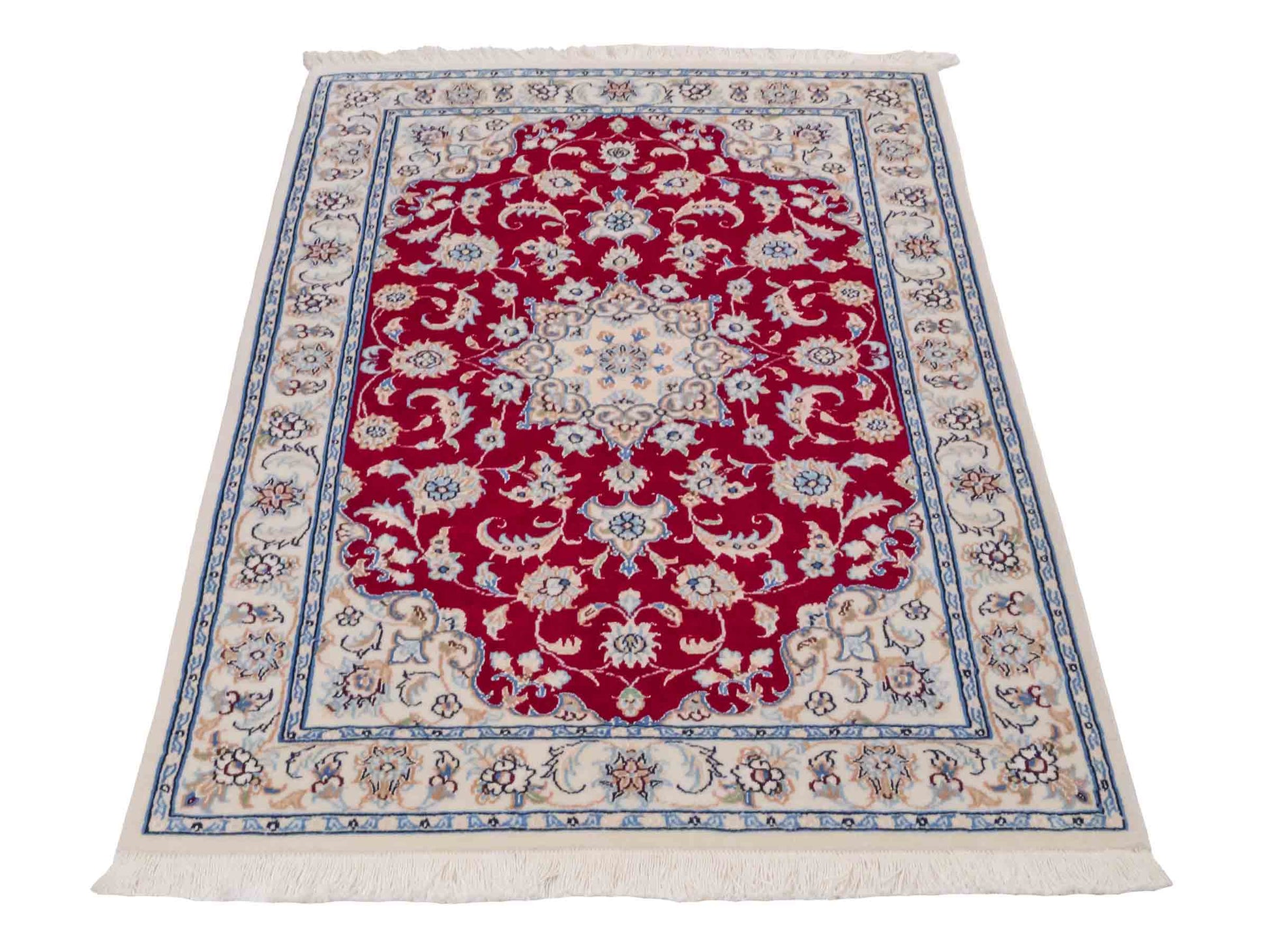Handgeknüpfter Nain 9La Perserteppich von Khademi aus Wolle mit Seide, rot, cremeweiß. Persischer Orientteppich mit Medaillon. Von Hand geknüpft in Iran / Persien. Größe: 120 cm x 80 cm. Teppichnummer: SB3-1019. Verkauf durch Jupiter Intl.