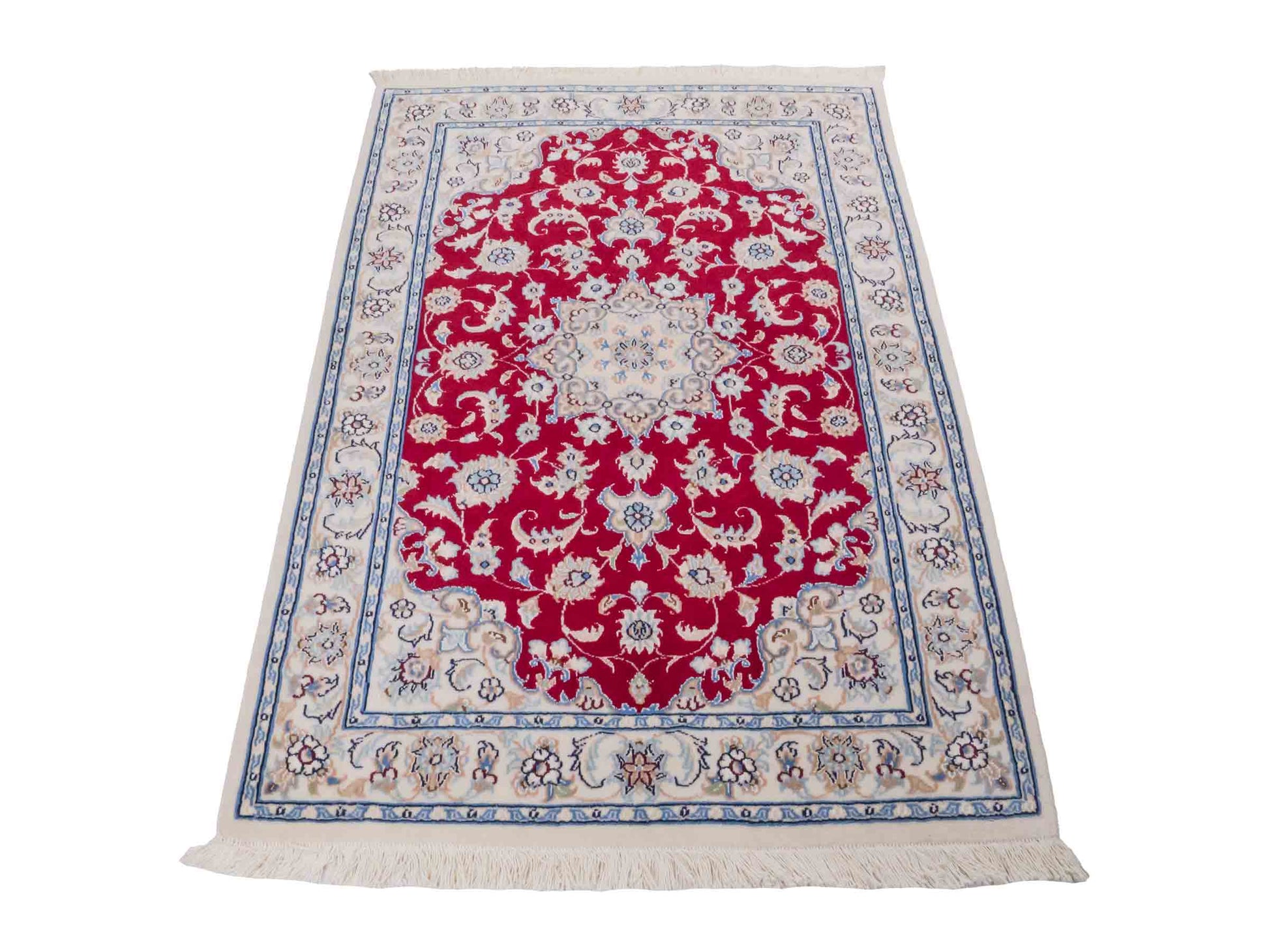 Handgeknüpfter Nain 9La Perserteppich von Khademi aus Wolle mit Seide, rot, cremeweiß. Persischer Orientteppich mit Medaillon. Von Hand geknüpft in Iran / Persien. Größe: 120 cm x 80 cm. Teppichnummer: SB3-1019. Verkauf durch Jupiter Intl.