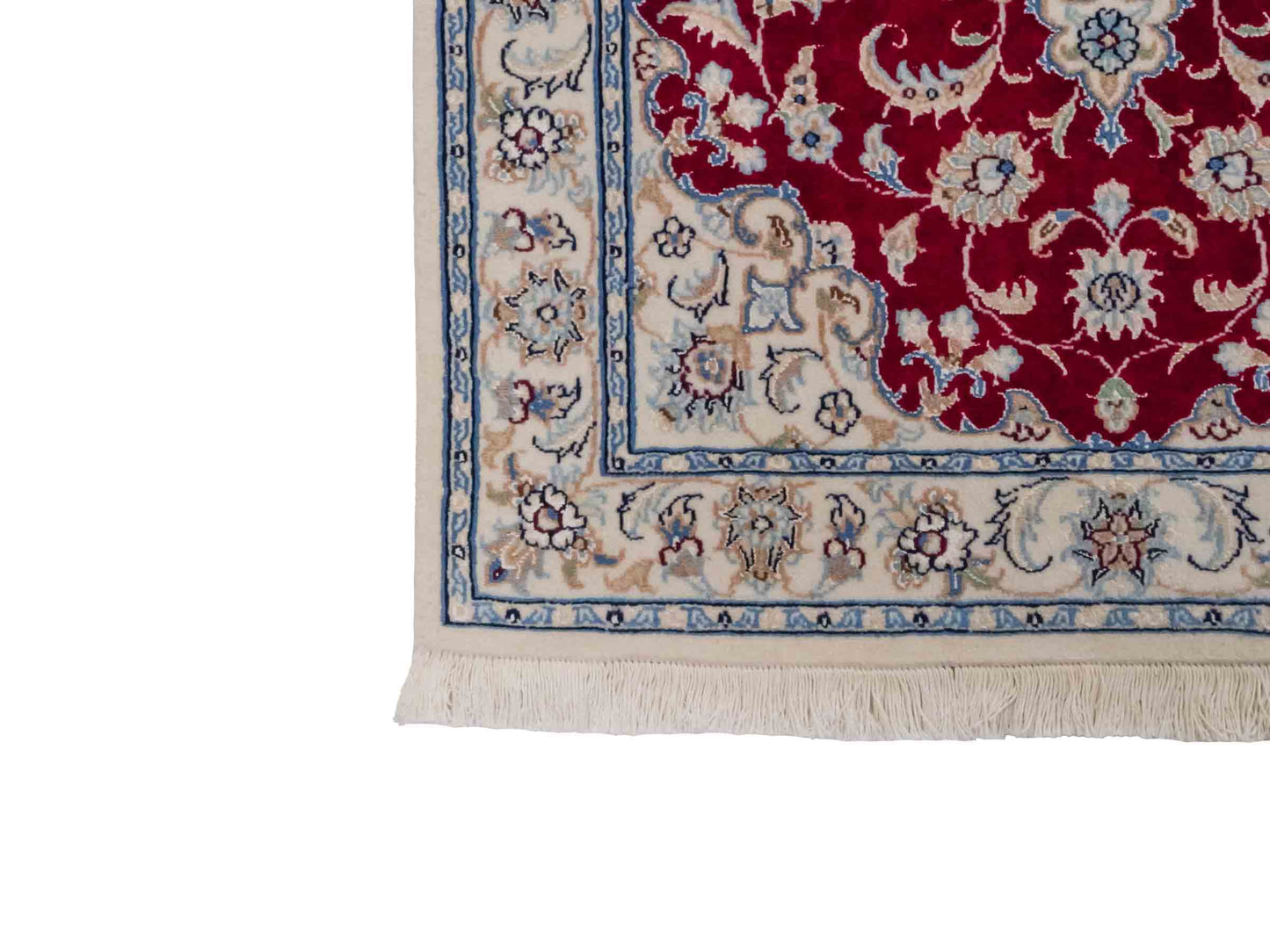 Handgeknüpfter Nain 9La Perserteppich von Khademi aus Wolle mit Seide, rot, cremeweiß. Persischer Orientteppich mit Medaillon. Von Hand geknüpft in Iran / Persien. Größe: 120 cm x 80 cm. Teppichnummer: SB3-1019. Verkauf durch Jupiter Intl.