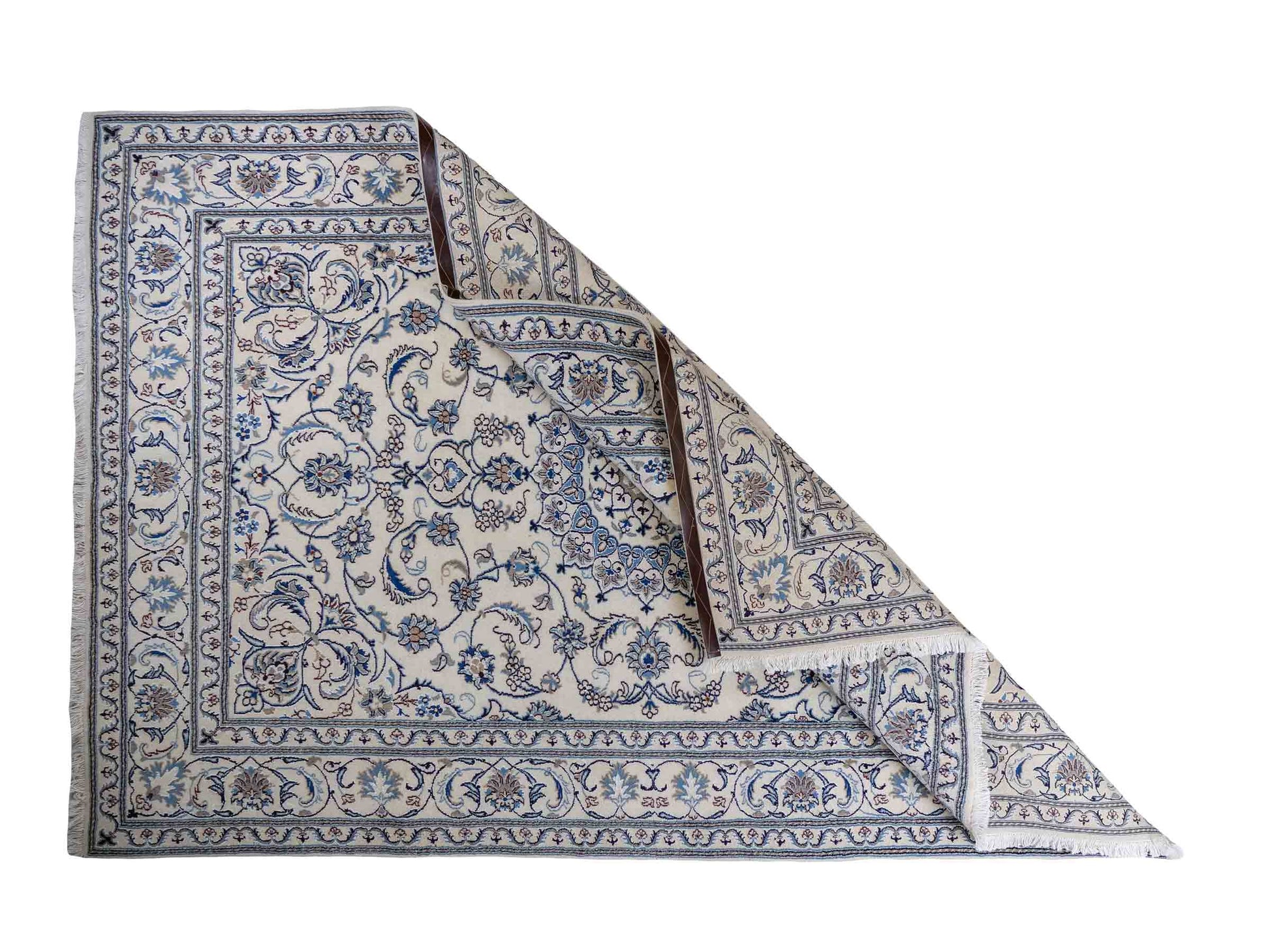 Handgeknüpfter Nain 9La Perserteppich von Khademi aus Wolle mit Seide, weiß, blau. Klassisches Medaillon-Design. Traditionell von Hand geknüpft in Iran / Persien. Größe: 294 cm x 199 cm. Teppichnummer: RB3-1088. Verkauf durch Jupiter Intl.