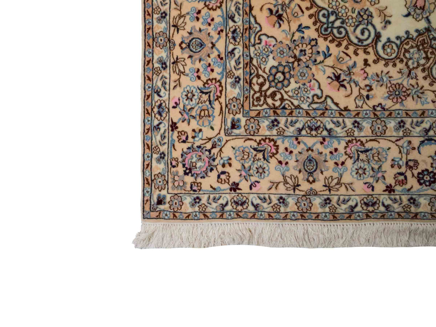 Handgeknüpfter Nain 9La Perserteppich von Khademi aus Wolle mit Seide, cremeweiß. Klassisches Medaillon-Design. Traditionell von Hand geknüpft in Iran / Persien. Größe: 319 cm x 203 cm. Teppichnummer: RB3-1085. Verkauf durch Jupiter Intl.
