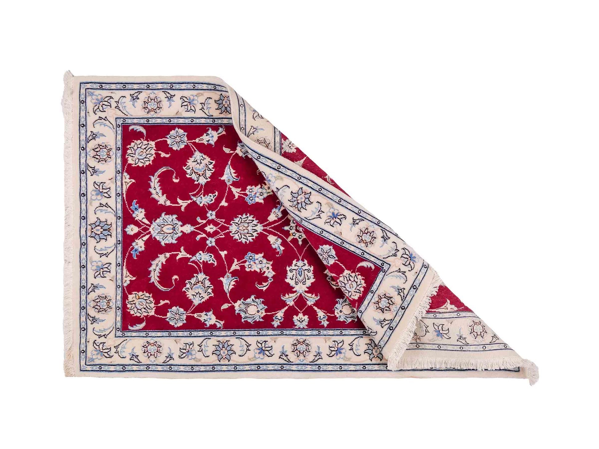 Handgeknüpfter Nain 9La Perserteppich von Khademi, signiert, aus Wolle mit Seide, rot-weiß. Persischer Allover-Orientteppich. Von Hand geknüpft in Iran / Persien. Größe: 107 cm x 71 cm. Teppichnummer: SB3-1016. Verkauf durch Jupiter Intl.