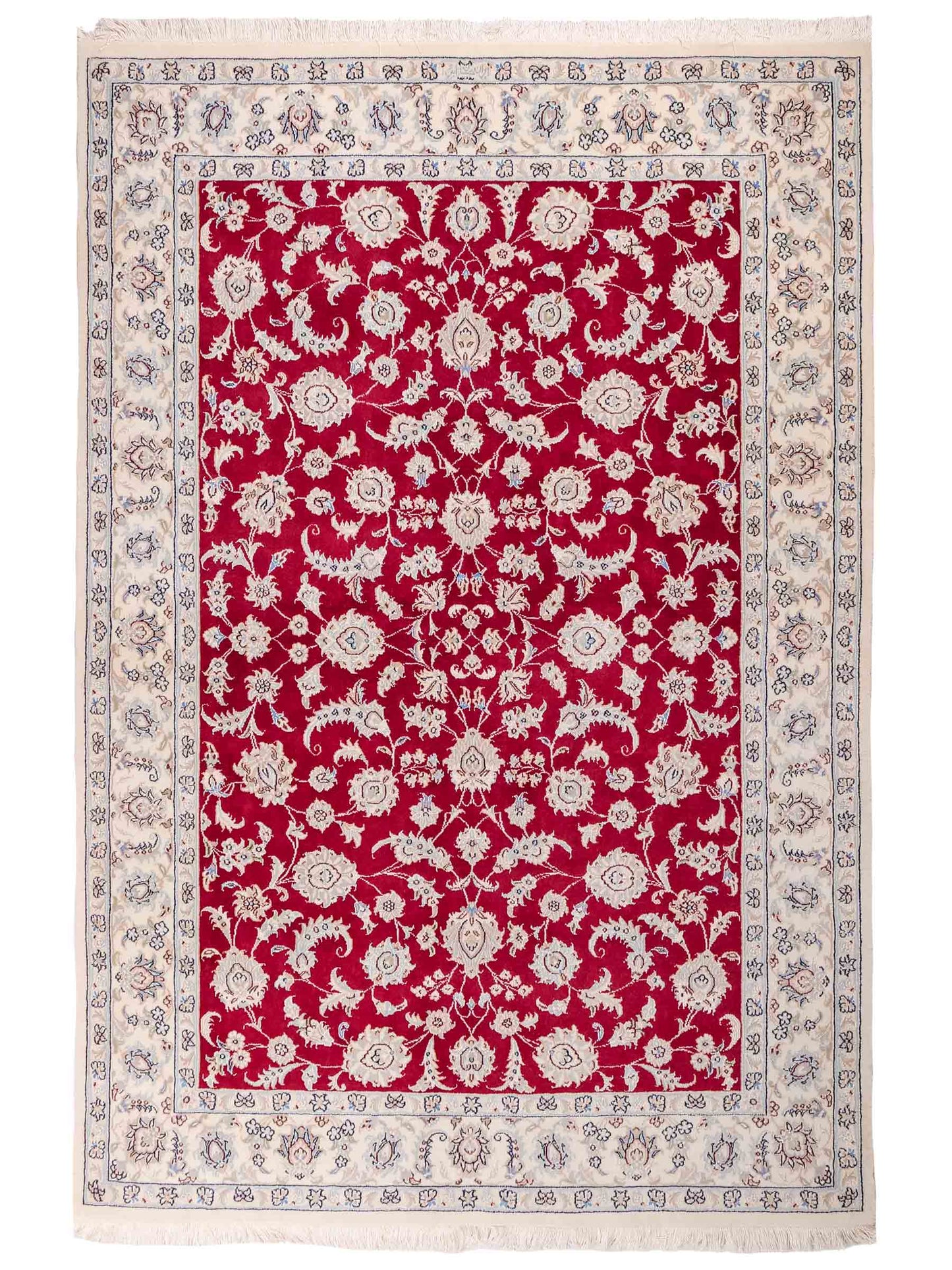 Handgeknüpfter Nain 9La Perserteppich von Khademi aus Wolle mit Seide, signiert, rot-elfenbein-weiß. Persischer Orientteppich mit Allover-Motiv. Von Hand geknüpft in Iran / Persien. Größe: 205 x 136 cm. Teppichnummer: SB3-1087 | Jupiter Intl.
