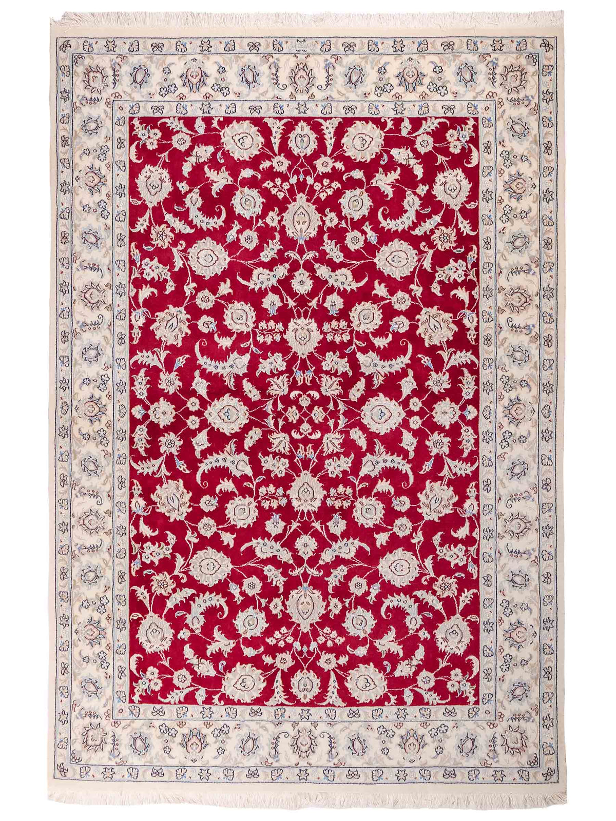 Handgeknüpfter Nain 9La Perserteppich von Khademi aus Wolle mit Seide, signiert, rot-elfenbein-weiß. Persischer Orientteppich mit Allover-Motiv. Von Hand geknüpft in Iran / Persien. Größe: 205 x 136 cm. Teppichnummer: SB3-1087 | Jupiter Intl.