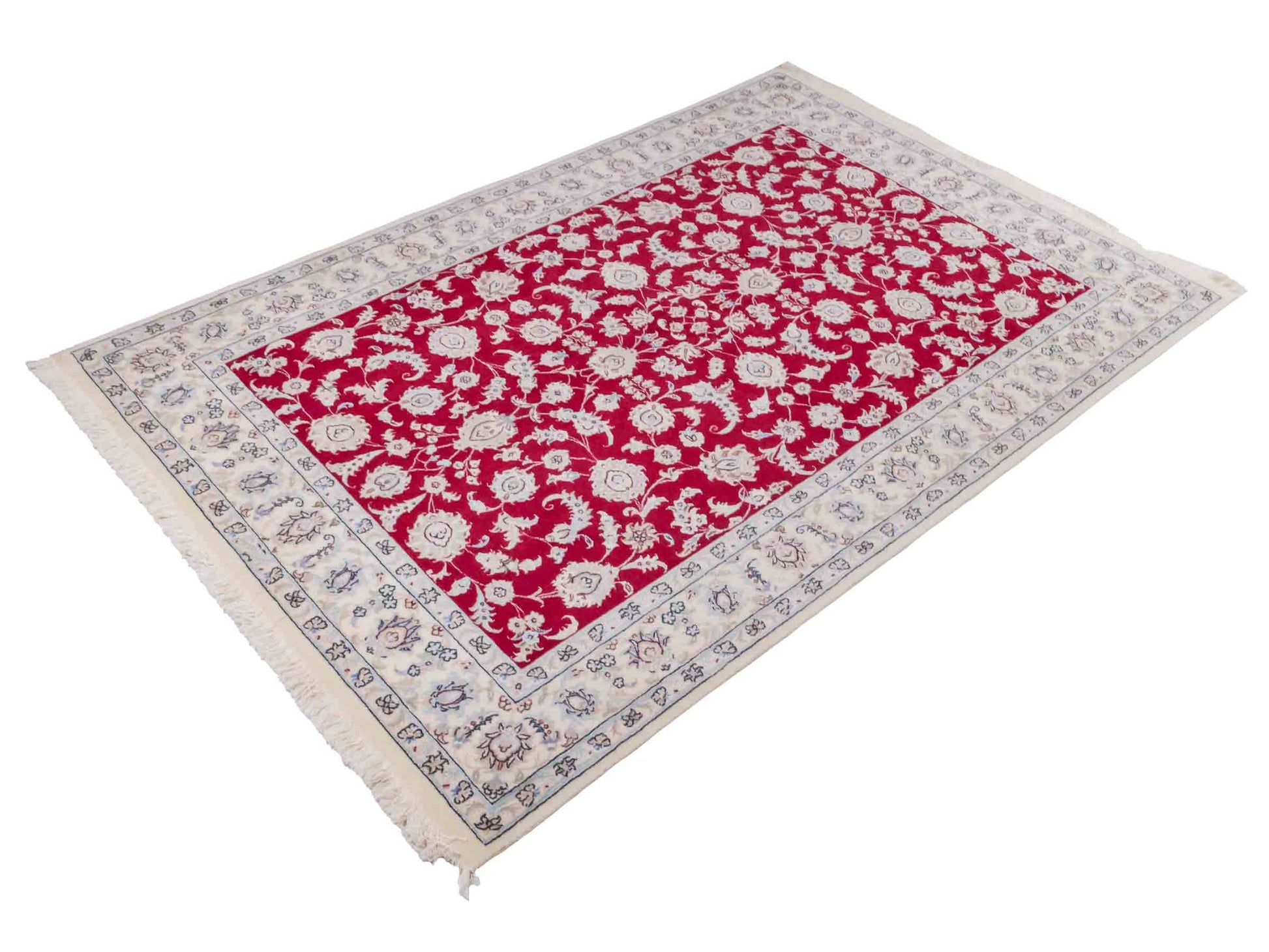 Handgeknüpfter Nain 9La Perserteppich von Khademi aus Wolle mit Seide, signiert, rot-elfenbein-weiß. Persischer Orientteppich mit Allover-Motiv. Von Hand geknüpft in Iran / Persien. Größe: 205 x 136 cm. Teppichnummer: SB3-1087 | Jupiter Intl.