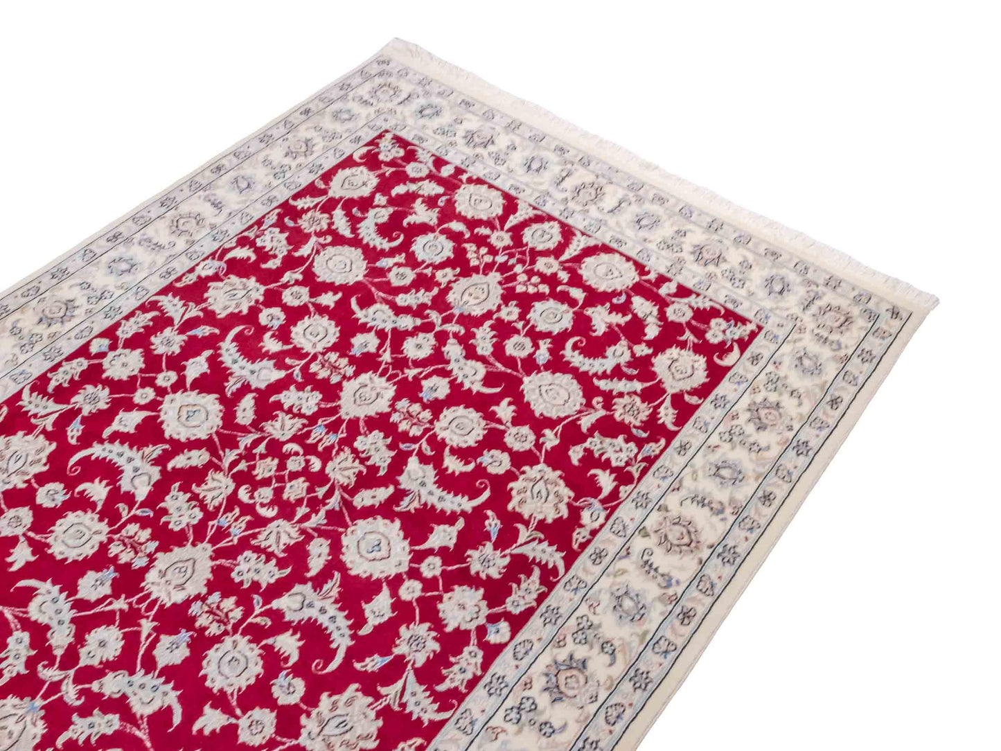 Handgeknüpfter Nain 9La Perserteppich von Khademi aus Wolle mit Seide, signiert, rot-elfenbein-weiß. Persischer Orientteppich mit Allover-Motiv. Von Hand geknüpft in Iran / Persien. Größe: 205 x 136 cm. Teppichnummer: SB3-1087 | Jupiter Intl.