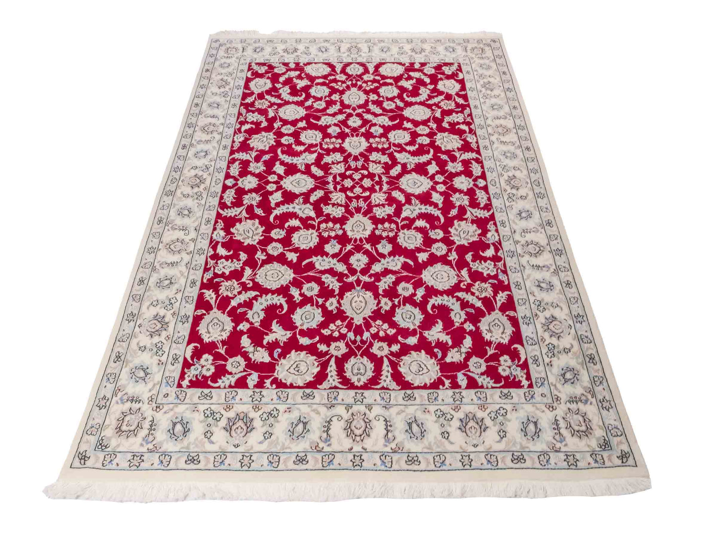 Handgeknüpfter Nain 9La Perserteppich von Khademi aus Wolle mit Seide, signiert, rot-elfenbein-weiß. Persischer Orientteppich mit Allover-Motiv. Von Hand geknüpft in Iran / Persien. Größe: 205 x 136 cm. Teppichnummer: SB3-1087 | Jupiter Intl.