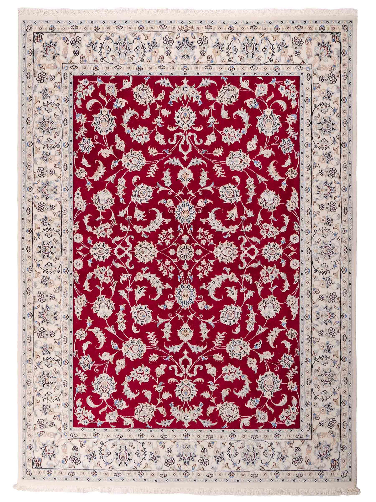 Handgeknüpfter Nain 9La Perserteppich von Khademi aus Wolle mit Seide, signiert, rot-elfenbein-weiß. Persischer Orientteppich mit Allover-Motiv. Von Hand geknüpft in Iran / Persien. Größe: 206 x 138 cm. Teppichnummer: SB3-1088 | Jupiter Intl.