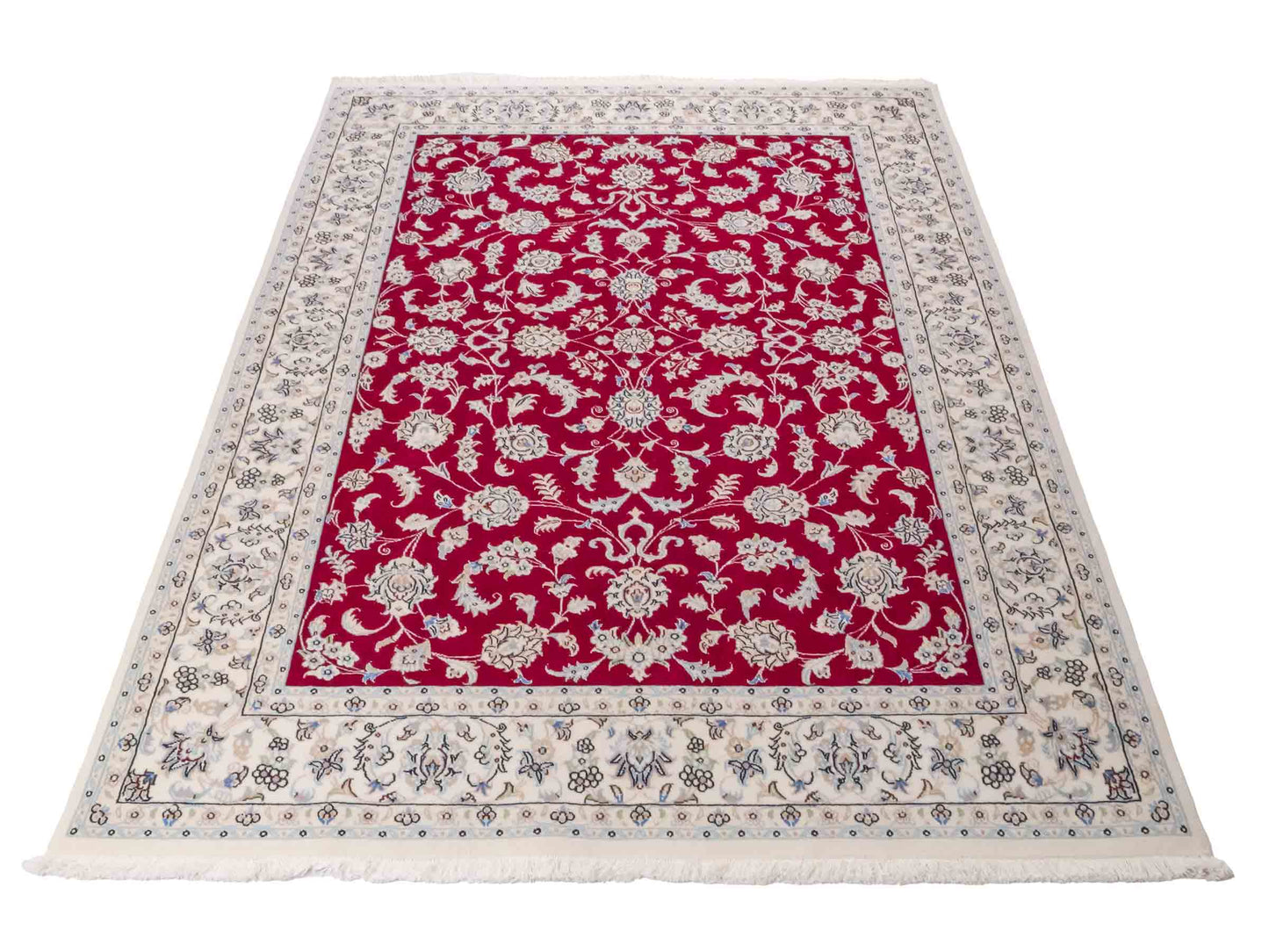Handgeknüpfter Nain 9La Perserteppich von Khademi aus Wolle mit Seide, signiert, rot-elfenbein-weiß. Persischer Orientteppich mit Allover-Motiv. Von Hand geknüpft in Iran / Persien. Größe: 206 x 138 cm. Teppichnummer: SB3-1088 | Jupiter Intl.