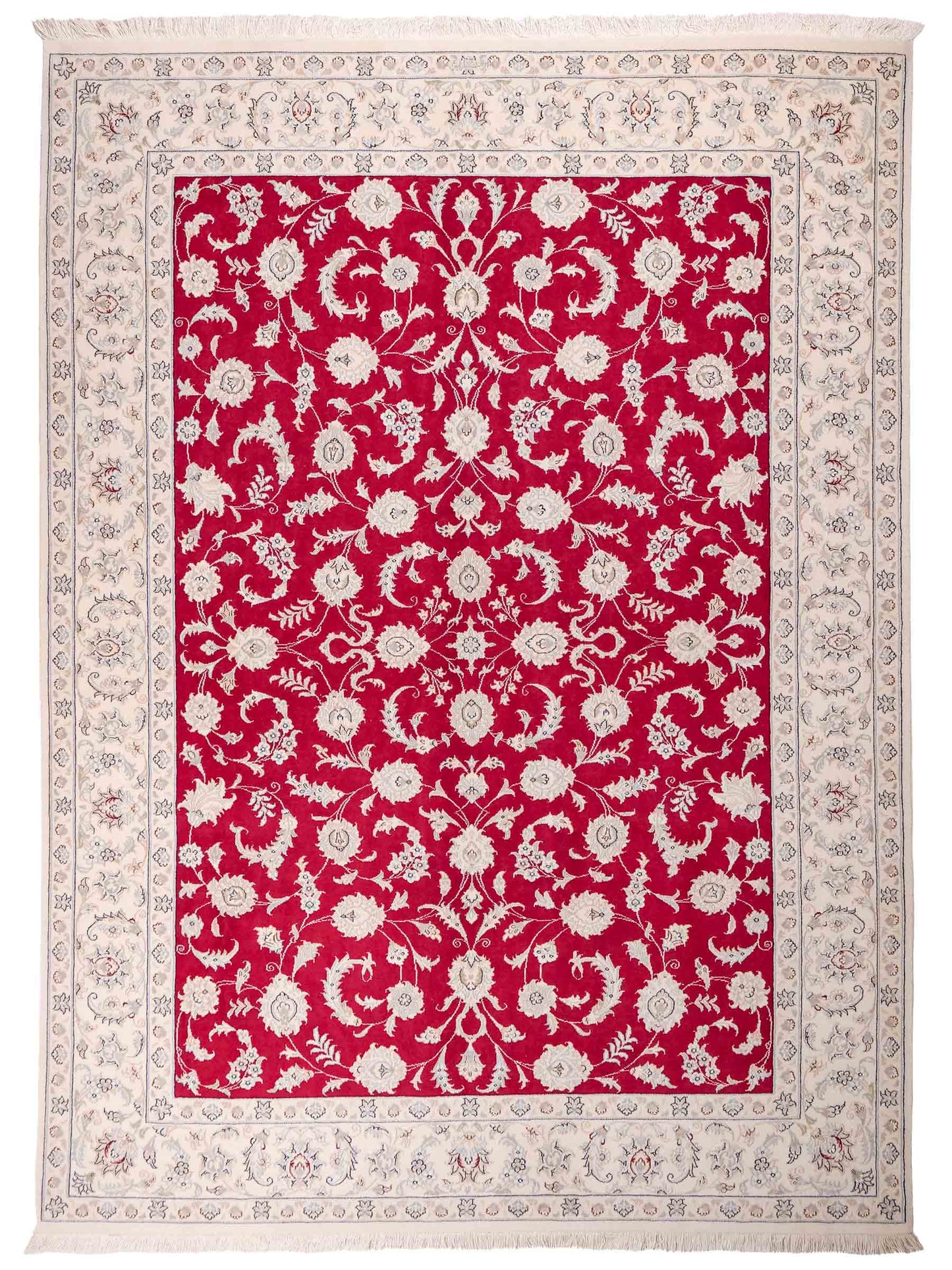 Handgeknüpfter Nain 9La Perserteppich von Khademi aus Wolle mit Seide, signiert, rot-elfenbein-weiß. Persischer Orientteppich mit Allover-Motiv. Von Hand geknüpft in Iran / Persien. Größe: 232 x 170 cm. Teppichnummer: SB3-1084 | Jupiter Intl.