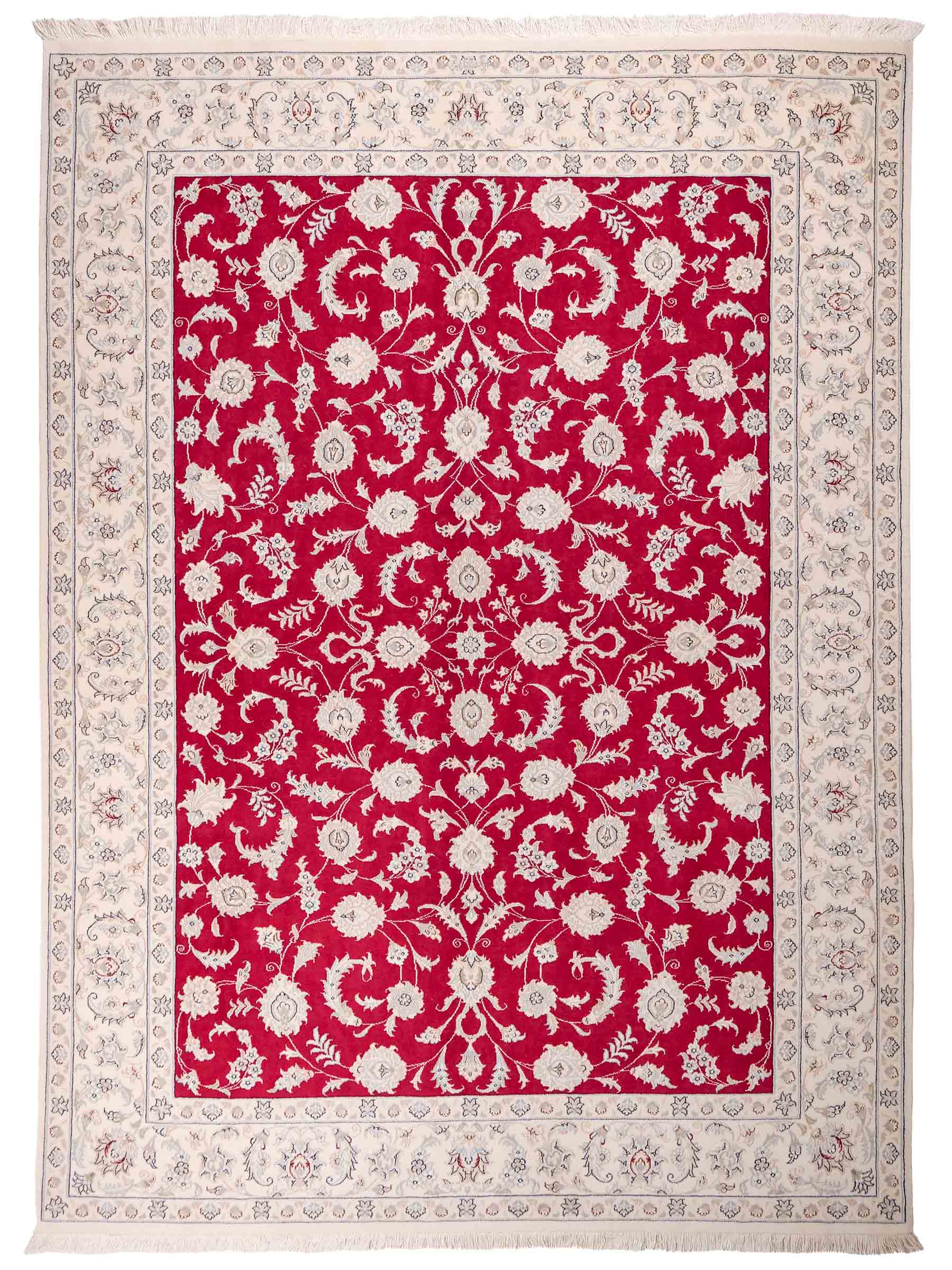 Handgeknüpfter Nain 9La Perserteppich von Khademi aus Wolle mit Seide, signiert, rot-elfenbein-weiß. Persischer Orientteppich mit Allover-Motiv. Von Hand geknüpft in Iran / Persien. Größe: 232 x 170 cm. Teppichnummer: SB3-1084 | Jupiter Intl.