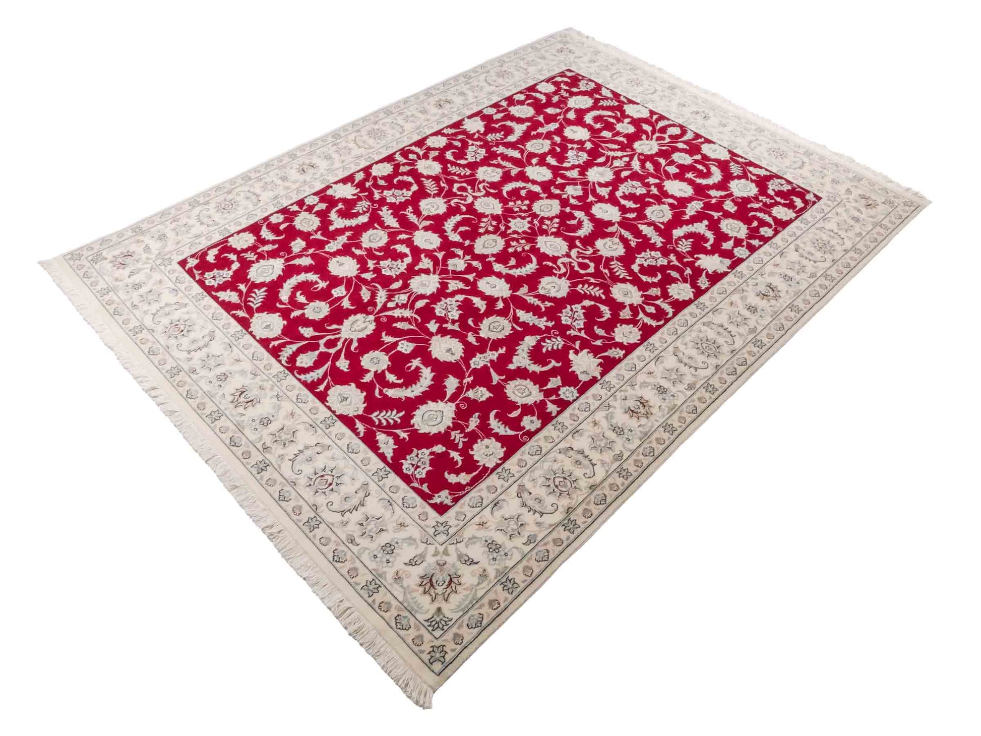 Handgeknüpfter Nain 9La Perserteppich von Khademi aus Wolle mit Seide, signiert, rot-elfenbein-weiß. Persischer Orientteppich mit Allover-Motiv. Von Hand geknüpft in Iran / Persien. Größe: 232 x 170 cm. Teppichnummer: SB3-1084 | Jupiter Intl.