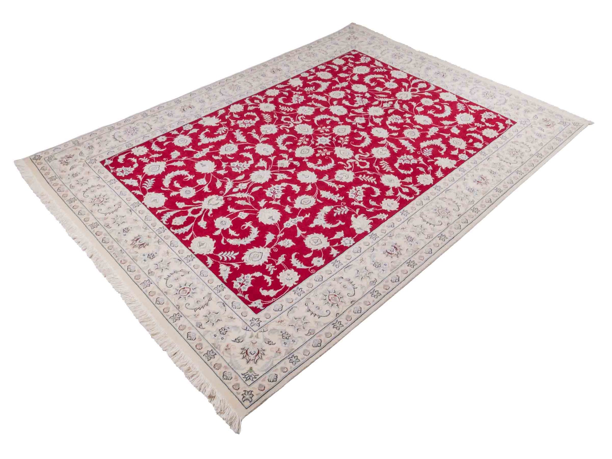 Handgeknüpfter Nain 9La Perserteppich von Khademi aus Wolle mit Seide, signiert, rot-elfenbein-weiß. Persischer Orientteppich mit Allover-Motiv. Von Hand geknüpft in Iran / Persien. Größe: 232 x 170 cm. Teppichnummer: SB3-1084 | Jupiter Intl.
