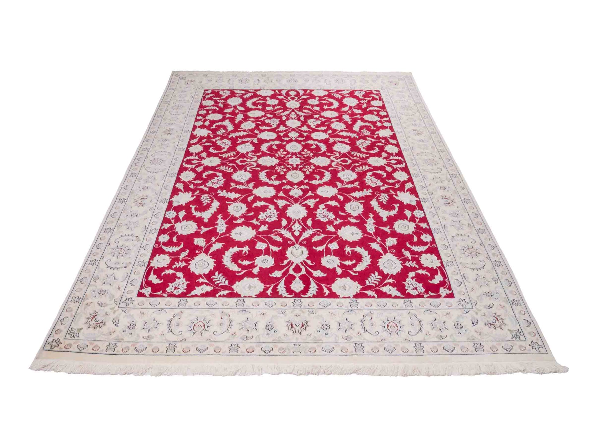 Handgeknüpfter Nain 9La Perserteppich von Khademi aus Wolle mit Seide, signiert, rot-elfenbein-weiß. Persischer Orientteppich mit Allover-Motiv. Von Hand geknüpft in Iran / Persien. Größe: 232 x 170 cm. Teppichnummer: SB3-1084 | Jupiter Intl.