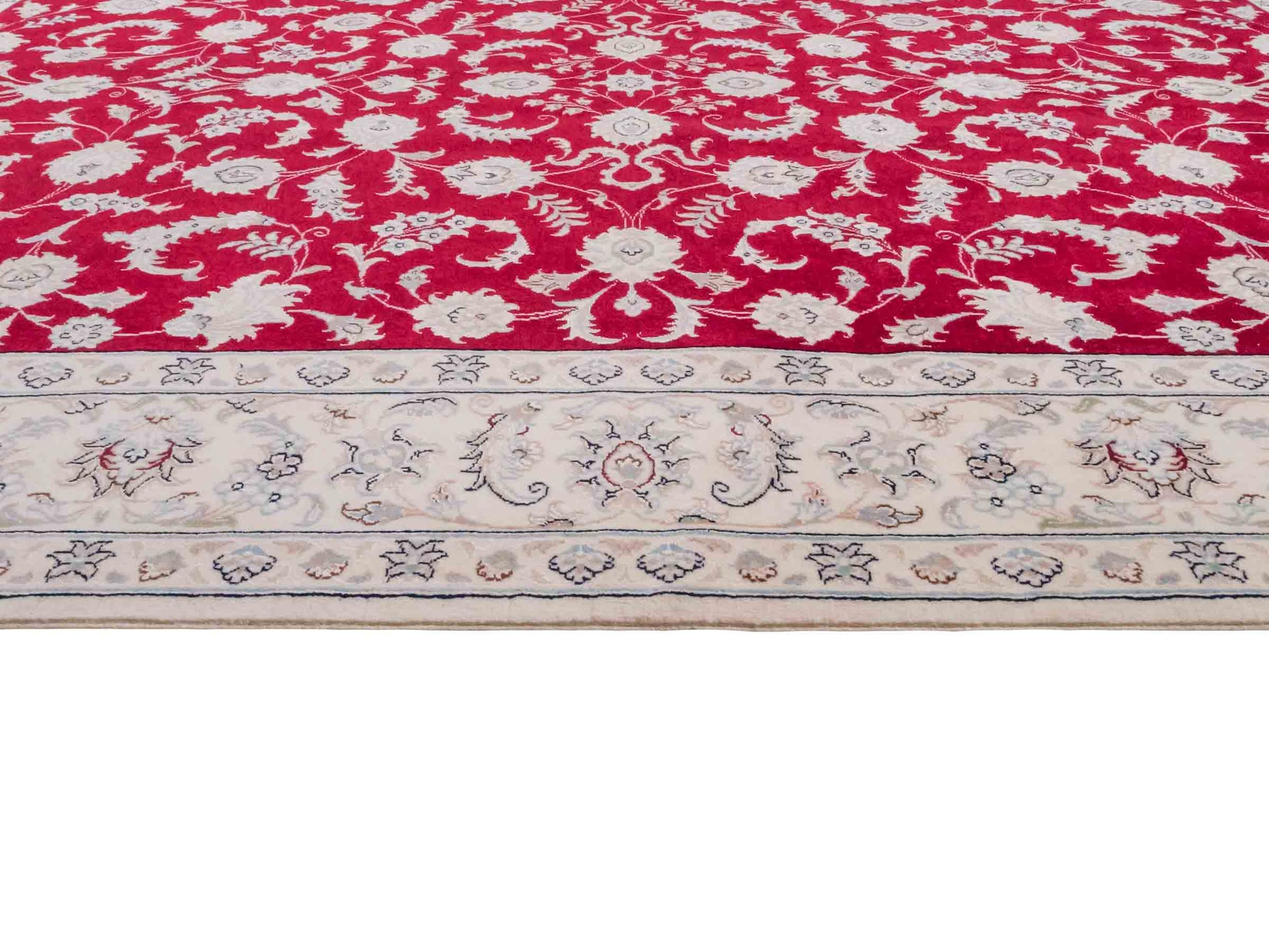 Handgeknüpfter Nain 9La Perserteppich von Khademi aus Wolle mit Seide, signiert, rot-elfenbein-weiß. Persischer Orientteppich mit Allover-Motiv. Von Hand geknüpft in Iran / Persien. Größe: 232 x 170 cm. Teppichnummer: SB3-1084 | Jupiter Intl.