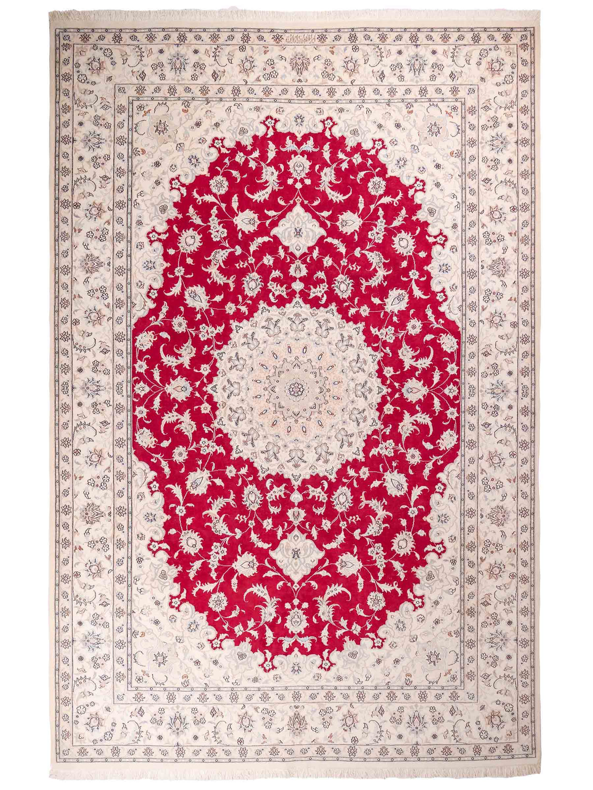 Handgeknüpfter Nain 9La Perserteppich von Khademi aus Wolle mit Seide, signiert, rot-elfenbein-weiß. Persischer Orientteppich mit Medaillon. Von Hand geknüpft in Iran / Persien. Größe: 295 cm x 200 cm. Teppichnummer: SB3-1151 | Jupiter Intl.