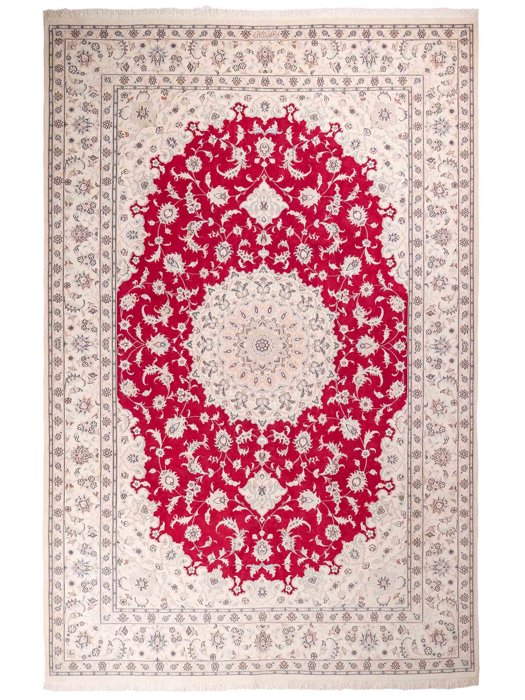 Handgeknüpfter Nain 9La Perserteppich von Khademi aus Wolle mit Seide, signiert, rot-elfenbein-weiß. Persischer Orientteppich mit Medaillon. Von Hand geknüpft in Iran / Persien. Größe: 295 cm x 200 cm. Teppichnummer: SB3-1151 | Jupiter Intl.