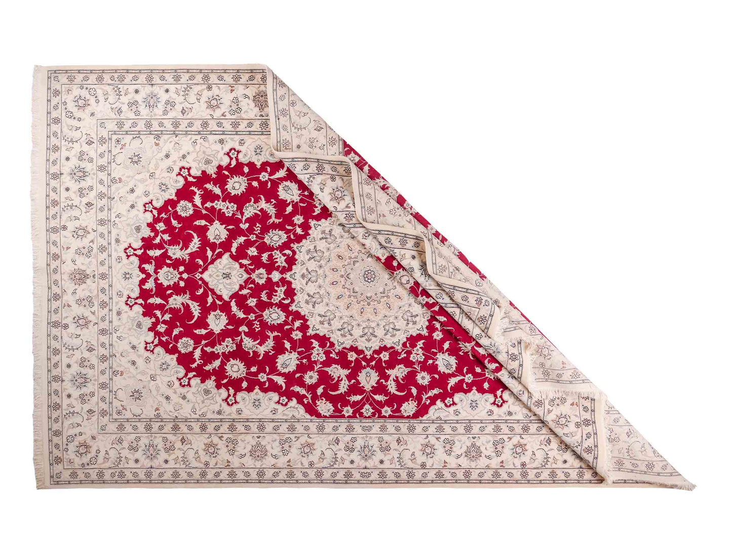 Handgeknüpfter Nain 9La Perserteppich von Khademi aus Wolle mit Seide, signiert, rot-elfenbein-weiß. Persischer Orientteppich mit Medaillon. Von Hand geknüpft in Iran / Persien. Größe: 295 cm x 200 cm. Teppichnummer: SB3-1151 | Jupiter Intl.