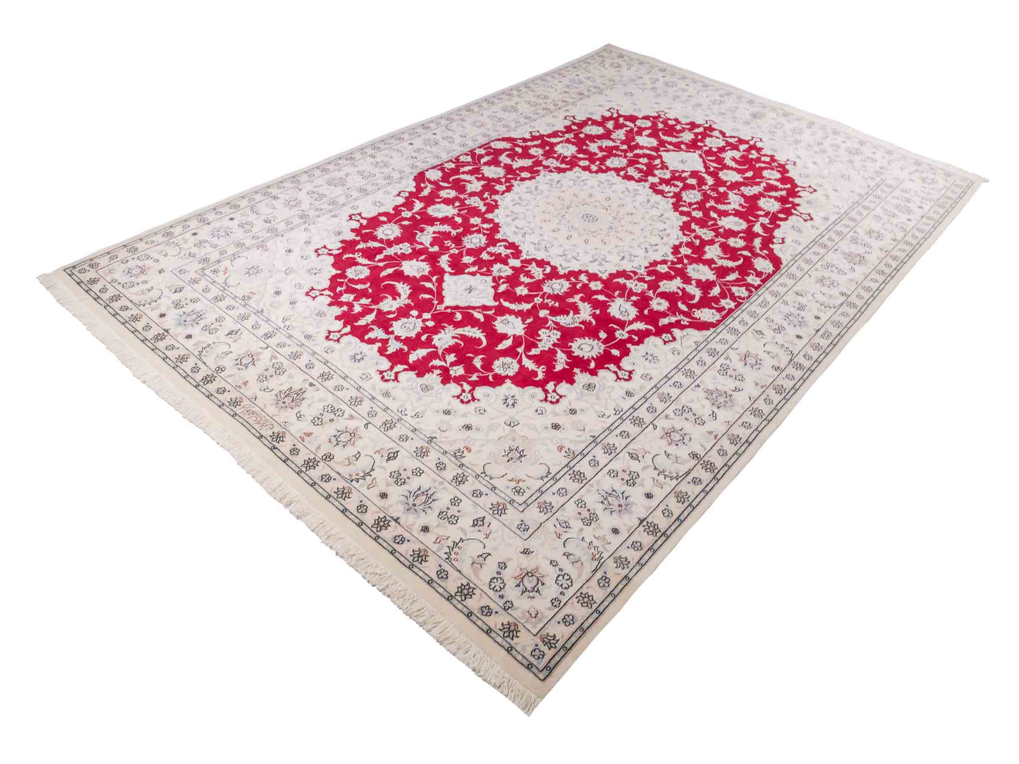 Handgeknüpfter Nain 9La Perserteppich von Khademi aus Wolle mit Seide, signiert, rot-elfenbein-weiß. Persischer Orientteppich mit Medaillon. Von Hand geknüpft in Iran / Persien. Größe: 295 cm x 200 cm. Teppichnummer: SB3-1151 | Jupiter Intl.