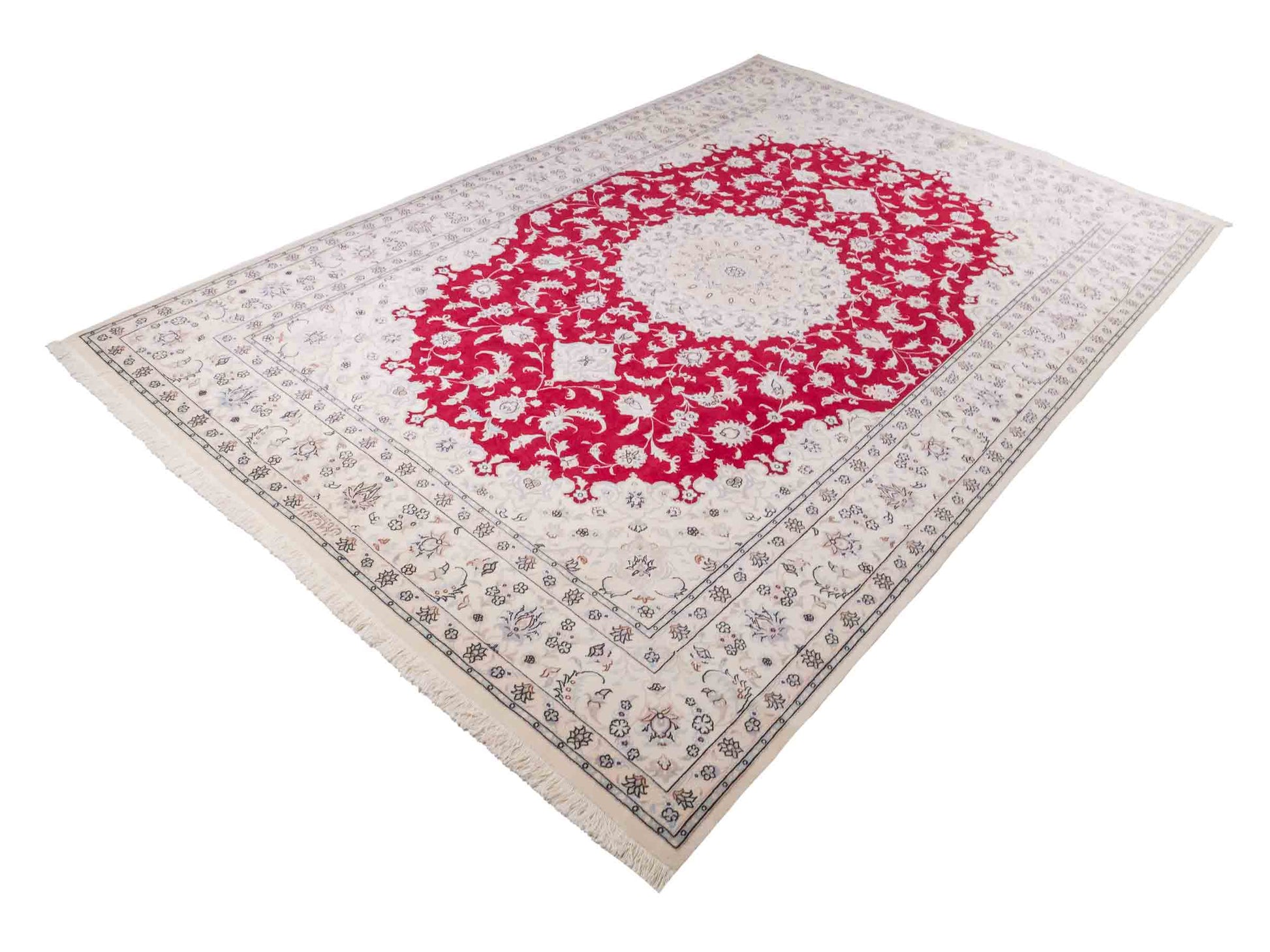 Handgeknüpfter Nain 9La Perserteppich von Khademi aus Wolle mit Seide, signiert, rot-elfenbein-weiß. Persischer Orientteppich mit Medaillon. Von Hand geknüpft in Iran / Persien. Größe: 295 cm x 200 cm. Teppichnummer: SB3-1151 | Jupiter Intl.