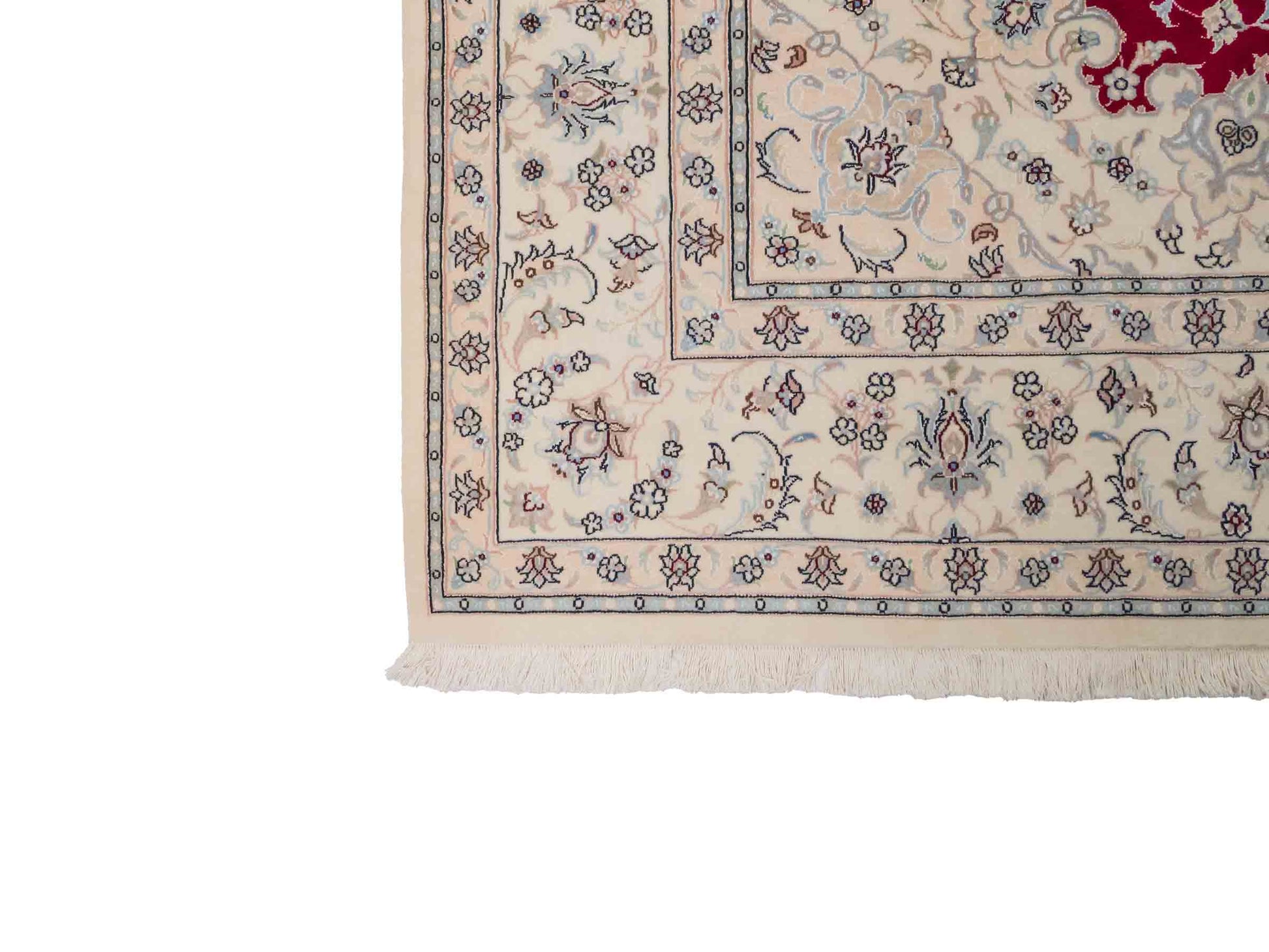 Handgeknüpfter Nain 9La Perserteppich von Khademi aus Wolle mit Seide, signiert, rot-elfenbein-weiß. Persischer Orientteppich mit Medaillon. Von Hand geknüpft in Iran / Persien. Größe: 295 cm x 200 cm. Teppichnummer: SB3-1151 | Jupiter Intl.