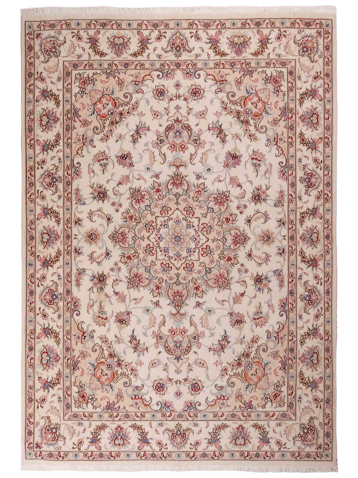 Handgeknüpfter Nain 9La Perserteppich von Khademi aus Wolle mit Seide, cremeweiß-elfenbein. Persischer Orientteppich mit Medaillon. Von Hand geknüpft in Iran / Persien. Größe: 197 cm x 149 cm. Teppichnummer: SB3-1141 | Jupiter Intl.