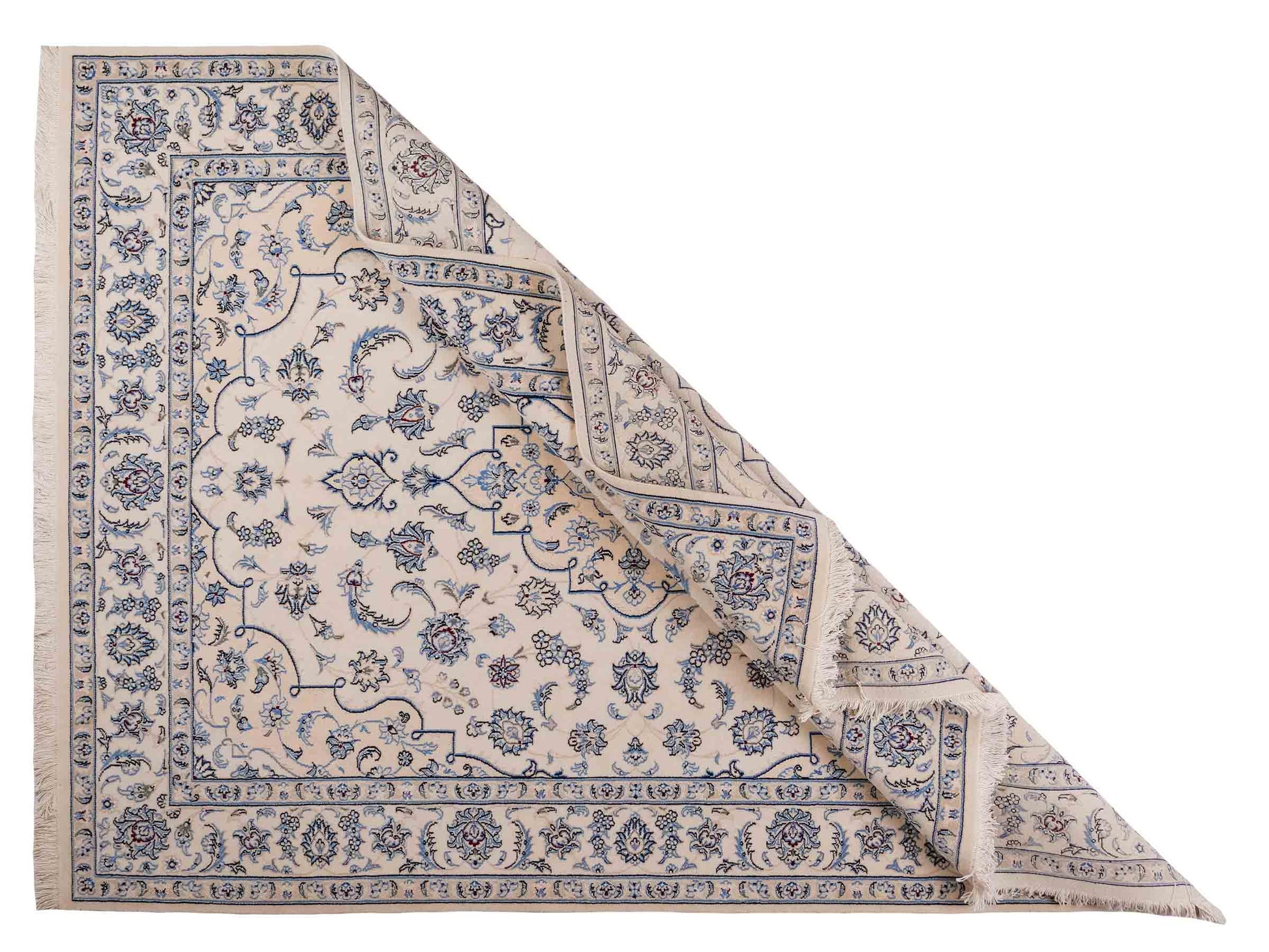 Handgeknüpfter Nain 9La Perserteppich von Khademi aus Wolle mit Seide, elfenbein-weiß. Persischer Orientteppich mit Medaillon. Von Hand geknüpft in Iran / Persien. Größe: 200 cm x 149 cm. Teppichnummer: SB3-1111 | Jupiter Intl.