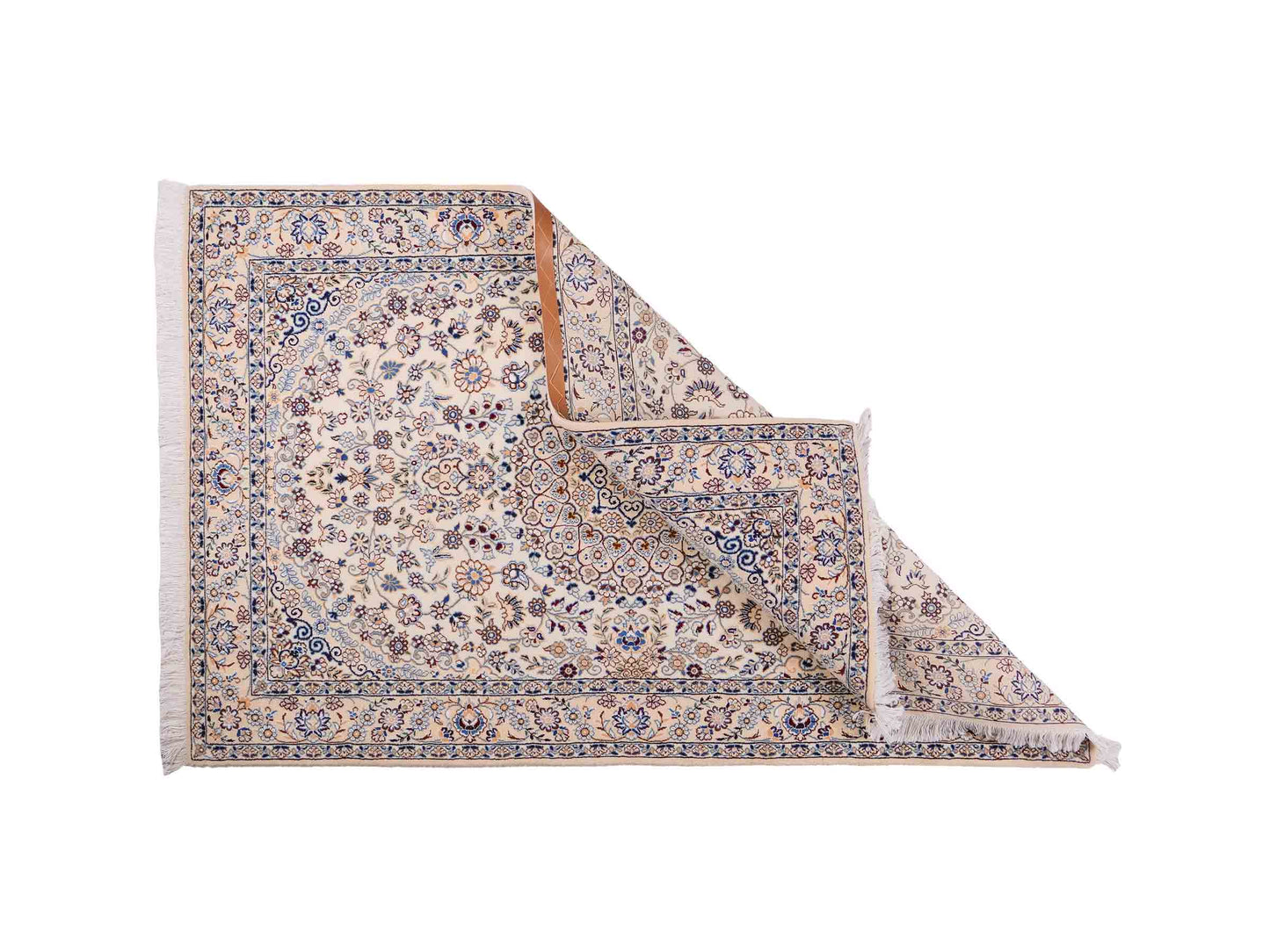 Handgeknüpfter Nain 9La Perserteppich von Khademi aus Wolle mit Seide, elfenbein-weiß. Persischer Orientteppich mit Medaillon. Von Hand geknüpft in Iran / Persien. Größe: 202 cm x 130 cm. Teppichnummer: SB3-1124 | Jupiter Intl.