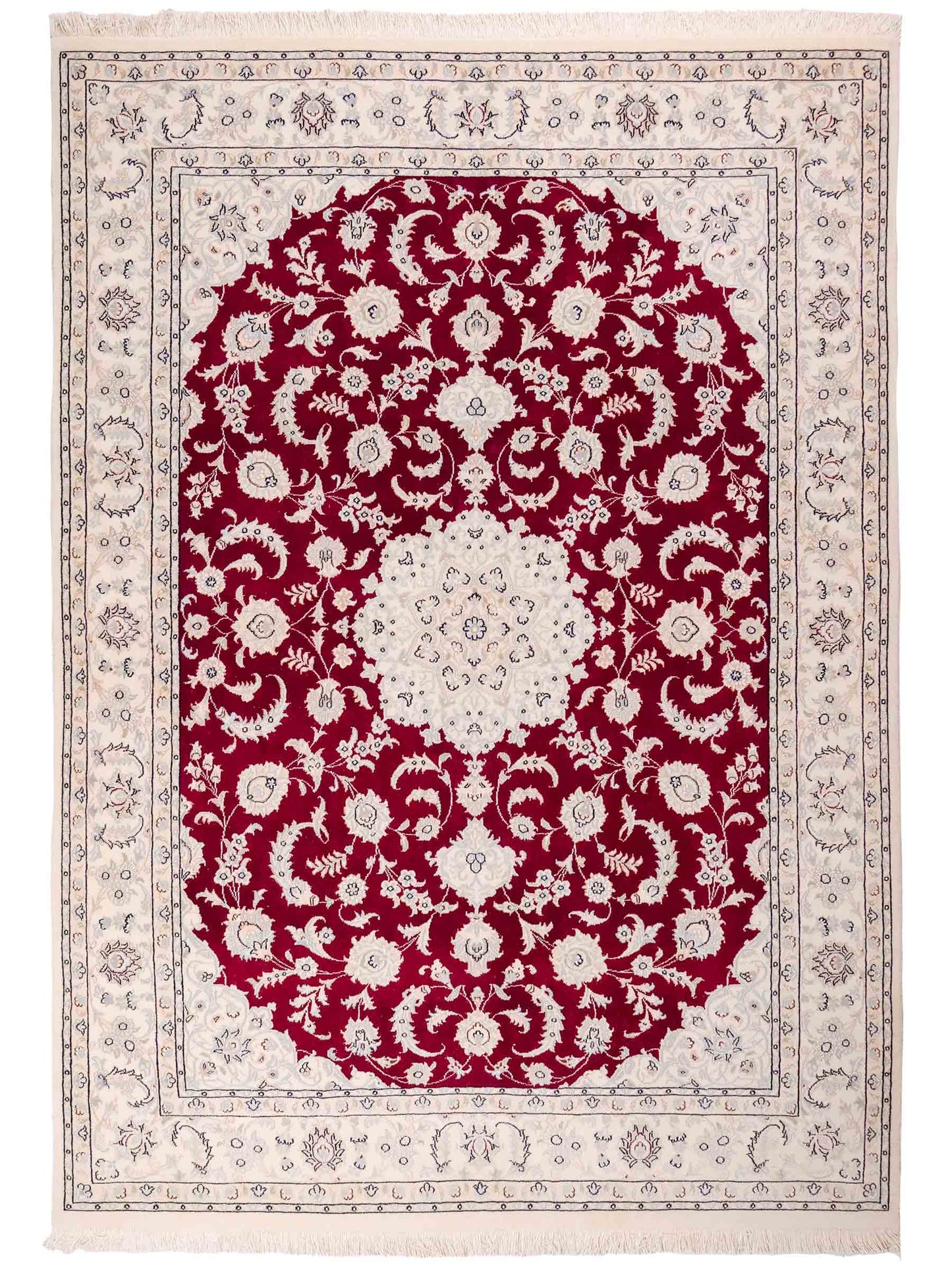 Handgeknüpfter Nain 9La Perserteppich von Khademi aus Wolle mit Seide, rot-elfenbein-weiß. Persischer Orientteppich mit Medaillon. Von Hand geknüpft in Iran / Persien. Größe: 208 cm x 150 cm. Teppichnummer: SB3-1126 | Jupiter Intl.
