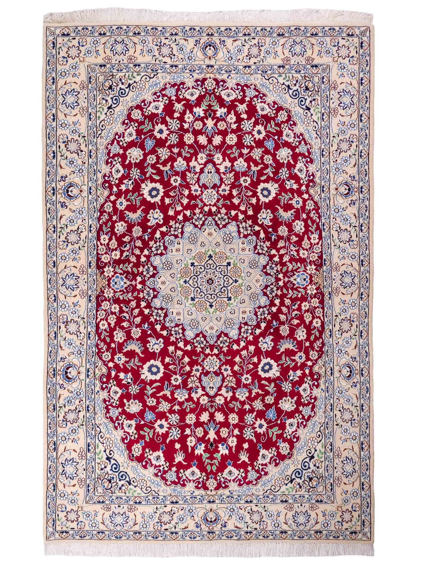 Handgeknüpfter Nain 9La Perserteppich von Khademi aus Wolle mit Seide, rot-elfenbein-weiß. Persischer Orientteppich mit Medaillon. Von Hand geknüpft in Iran / Persien. Größe: 209 cm x 131 cm. Teppichnummer: SB3-1093 | Jupiter Intl.