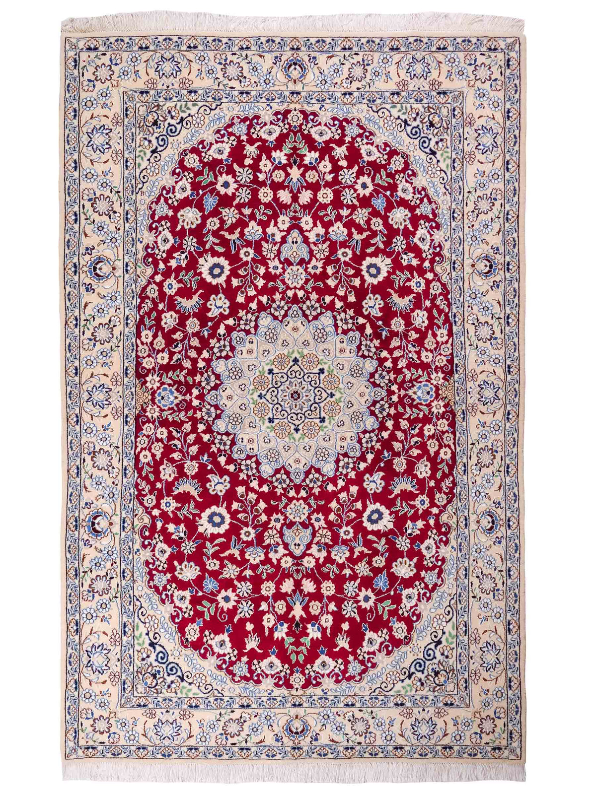 Handgeknüpfter Nain 9La Perserteppich von Khademi aus Wolle mit Seide, rot-elfenbein-weiß. Persischer Orientteppich mit Medaillon. Von Hand geknüpft in Iran / Persien. Größe: 209 cm x 131 cm. Teppichnummer: SB3-1093 | Jupiter Intl.