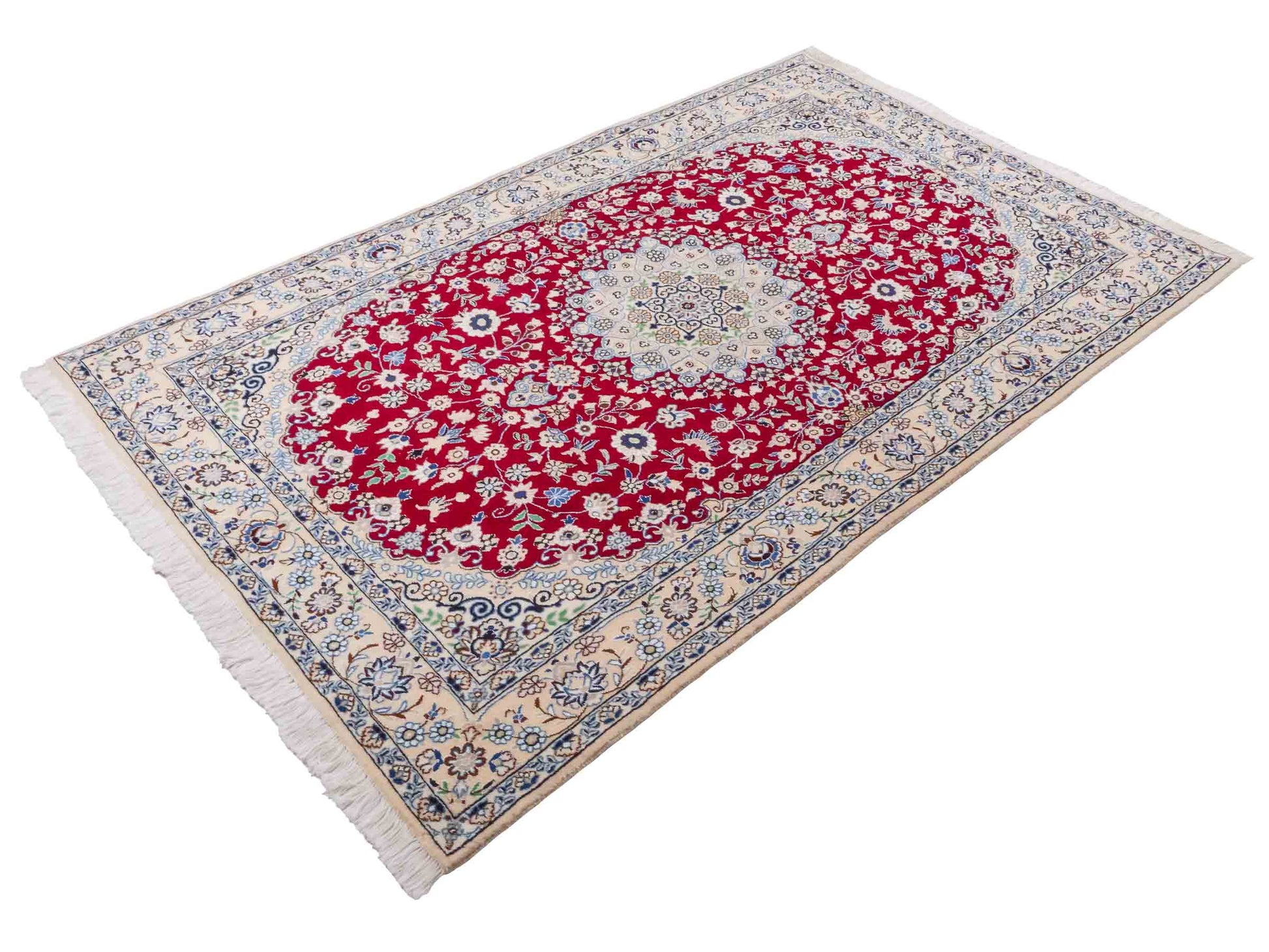 Handgeknüpfter Nain 9La Perserteppich von Khademi aus Wolle mit Seide, rot-elfenbein-weiß. Persischer Orientteppich mit Medaillon. Von Hand geknüpft in Iran / Persien. Größe: 209 cm x 131 cm. Teppichnummer: SB3-1093 | Jupiter Intl.