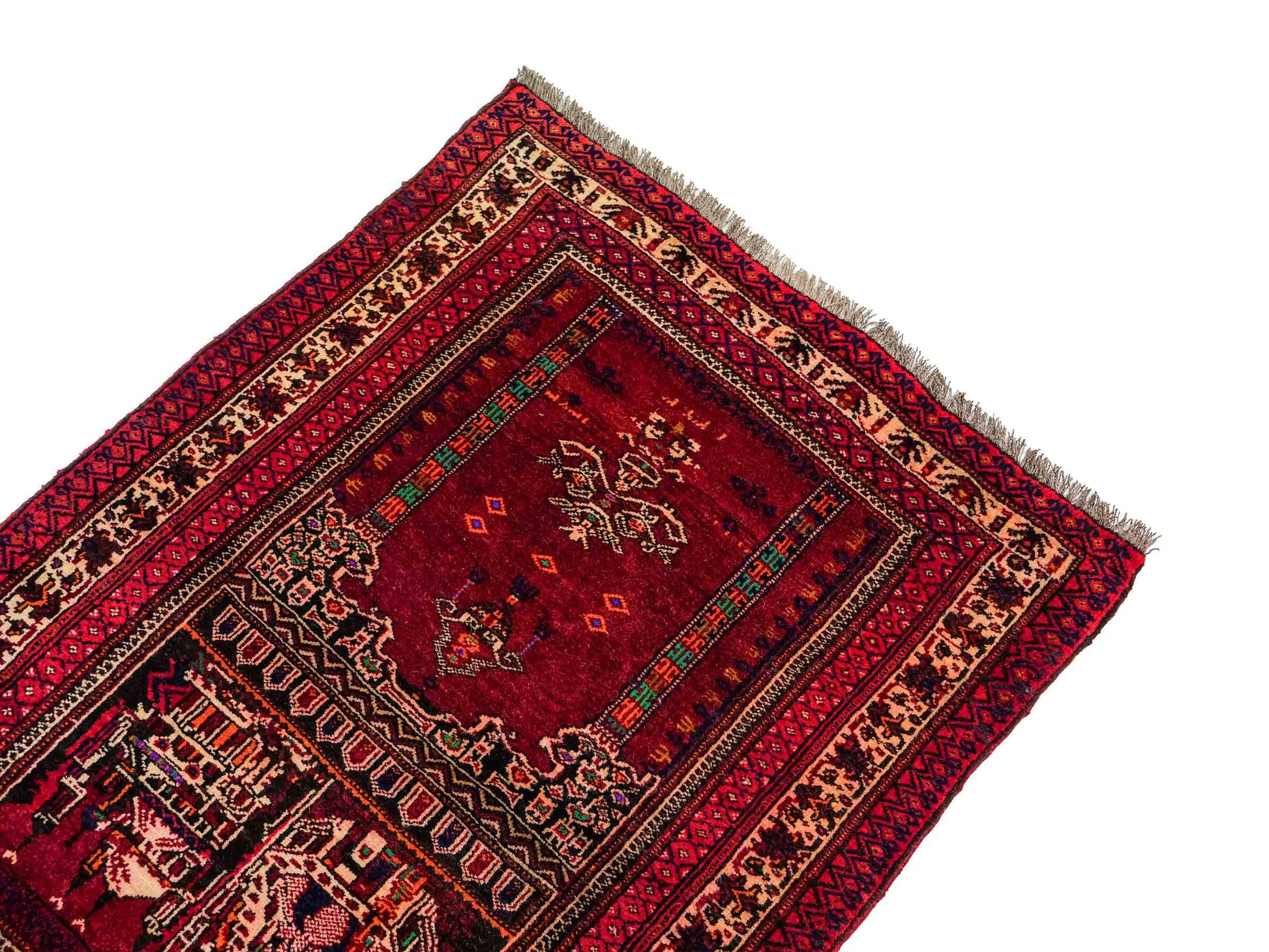Antiker, handgeknüpfter, afghanischer Belutsch Nomadenteppich aus Wolle von Khademi. Größe: 100 x 76 cm. Farbe: Rot Verkauf durch JUPITER Intl.