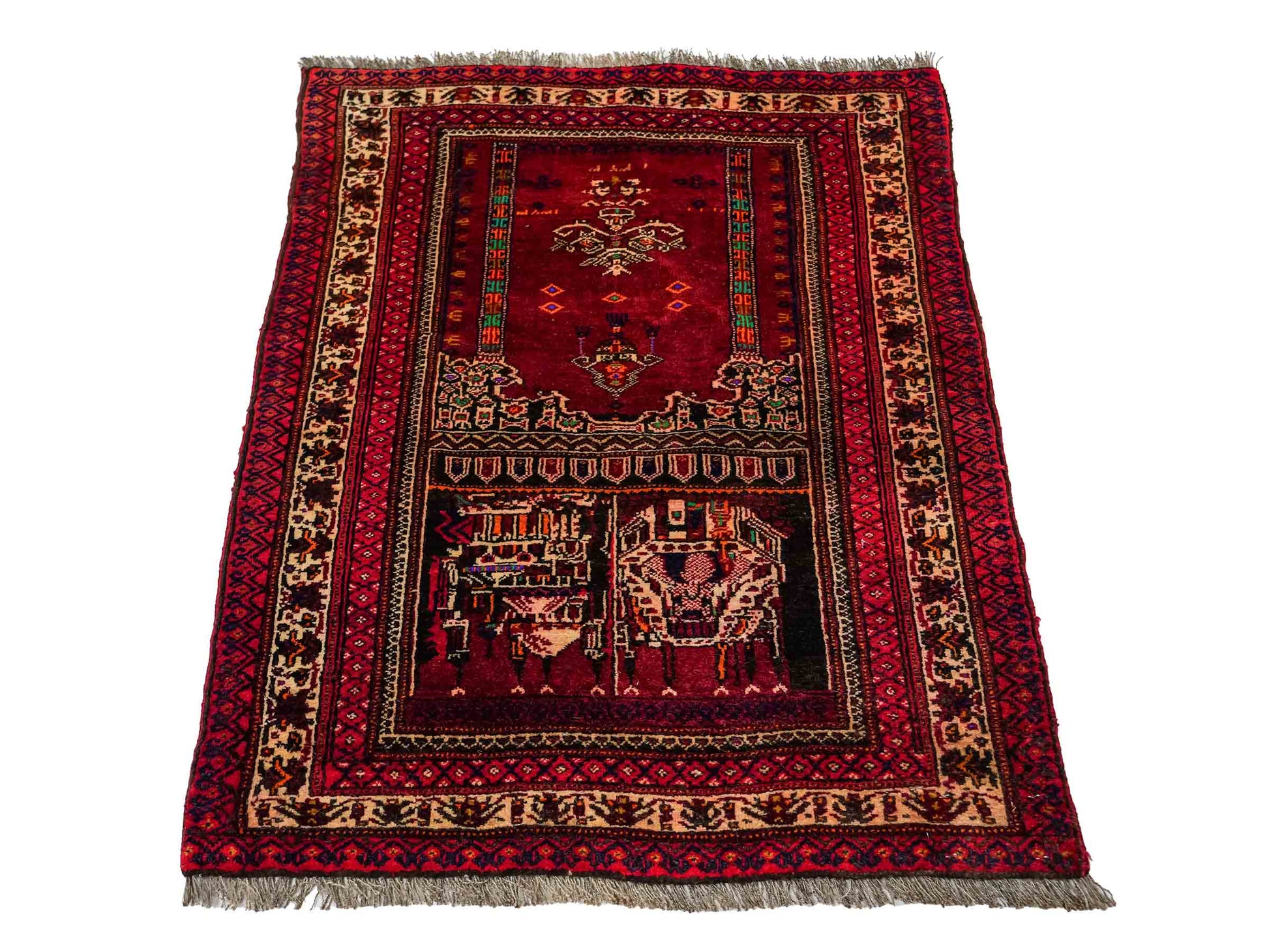 Antiker, handgeknüpfter, afghanischer Belutsch Nomadenteppich aus Wolle von Khademi. Größe: 100 x 76 cm. Farbe: Rot Verkauf durch JUPITER Intl.
