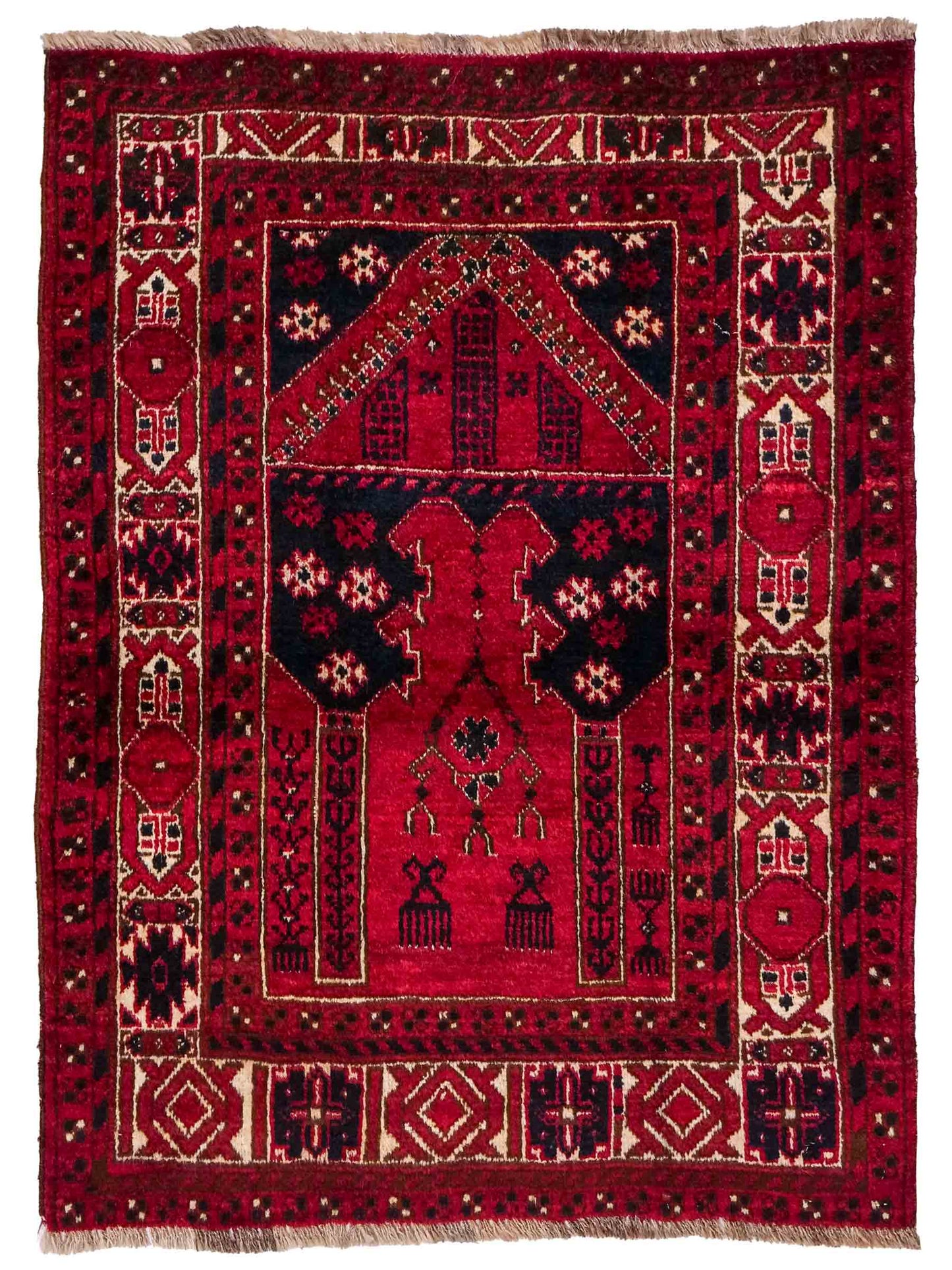 Antiker, handgeknüpfter, afghanischer Belutsch Nomadenteppich aus Wolle von Khademi. Größe: 109 x 85 cm. Farbe: Rot. Verkauf durch JUPITER Intl.