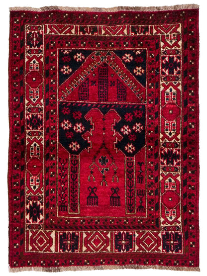 Antiker, handgeknüpfter, afghanischer Belutsch Nomadenteppich aus Wolle von Khademi. Größe: 109 x 85 cm. Farbe: Rot. Verkauf durch JUPITER Intl.