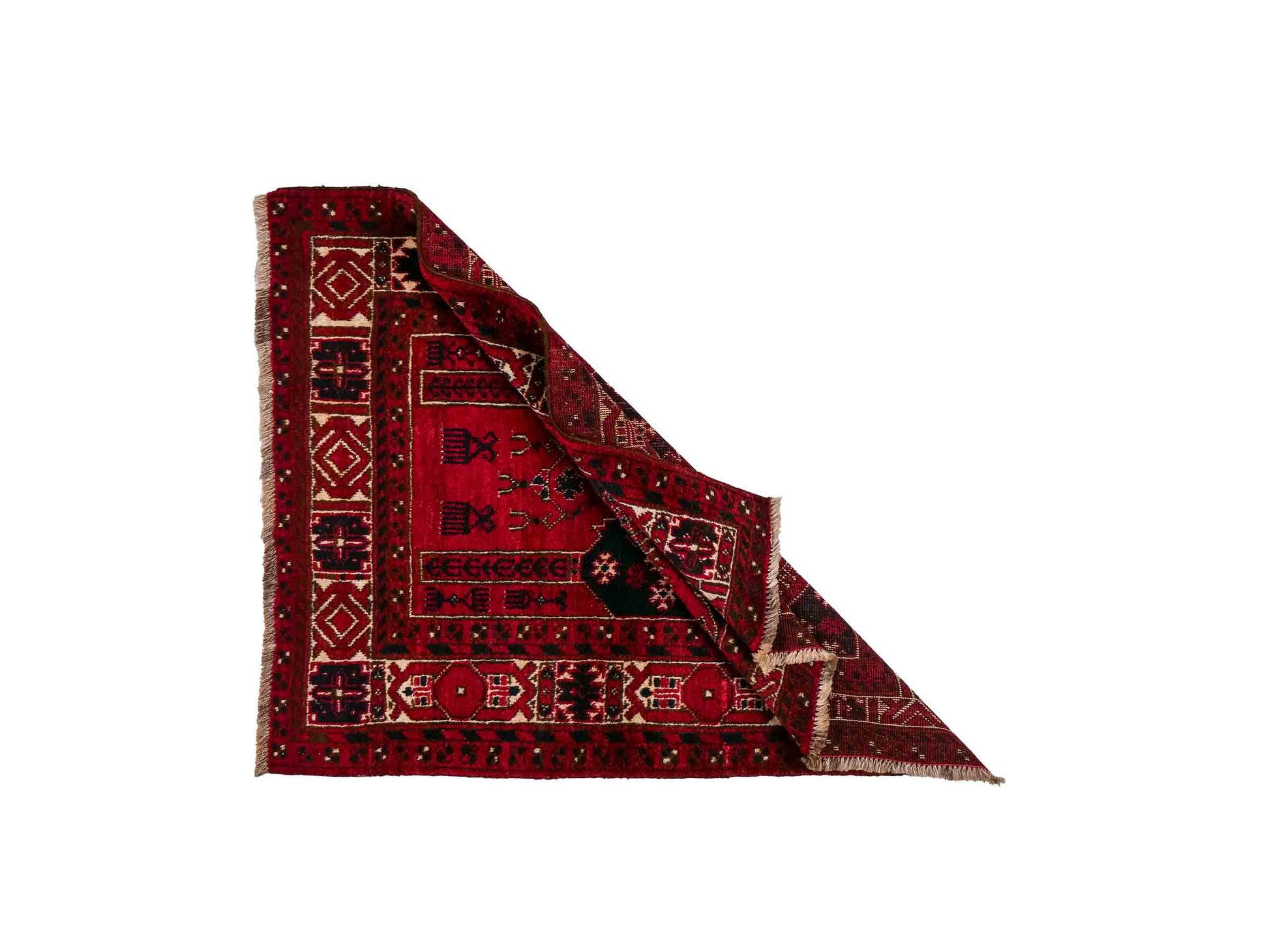Antiker, handgeknüpfter, afghanischer Belutsch Nomadenteppich aus Wolle von Khademi. Größe: 109 x 85 cm. Farbe: Rot. Verkauf durch JUPITER Intl.
