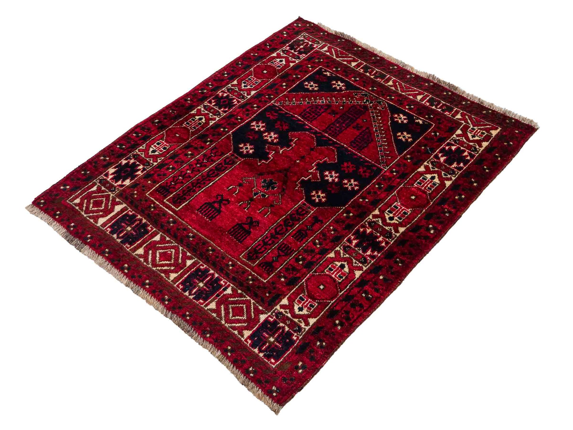 Antiker, handgeknüpfter, afghanischer Belutsch Nomadenteppich aus Wolle von Khademi. Größe: 109 x 85 cm. Farbe: Rot. Verkauf durch JUPITER Intl.