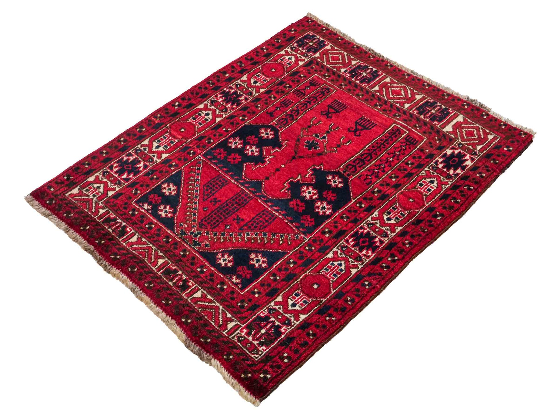 Antiker, handgeknüpfter, afghanischer Belutsch Nomadenteppich aus Wolle von Khademi. Größe: 109 x 85 cm. Farbe: Rot. Verkauf durch JUPITER Intl.