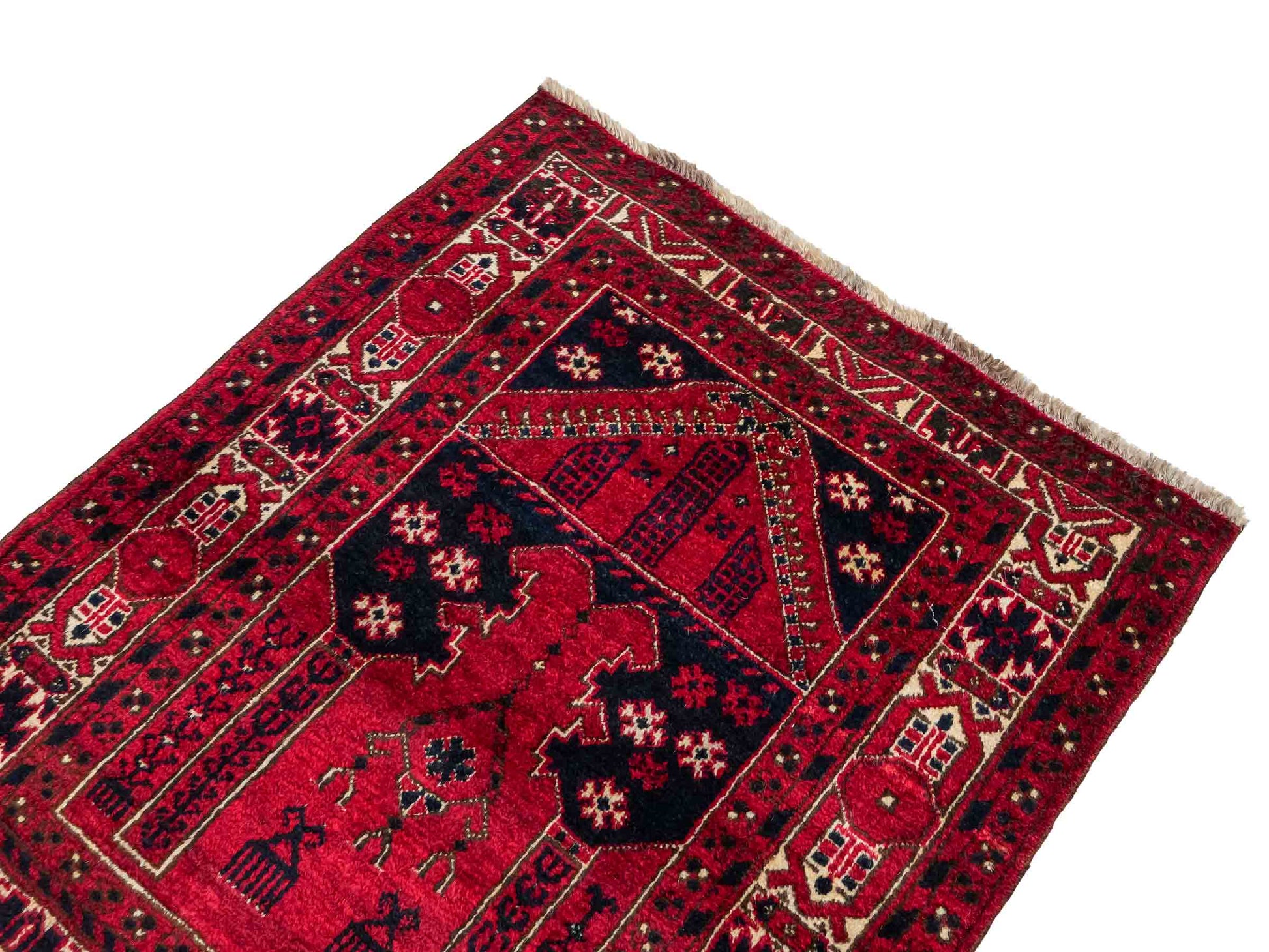 Antiker, handgeknüpfter, afghanischer Belutsch Nomadenteppich aus Wolle von Khademi. Größe: 109 x 85 cm. Farbe: Rot. Verkauf durch JUPITER Intl.