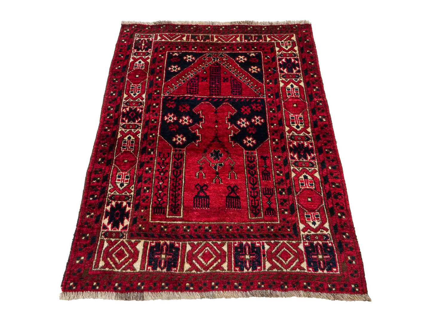 Antiker, handgeknüpfter, afghanischer Belutsch Nomadenteppich aus Wolle von Khademi. Größe: 109 x 85 cm. Farbe: Rot. Verkauf durch JUPITER Intl.