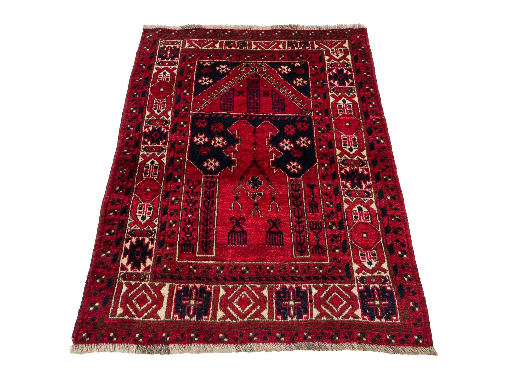 Antiker, handgeknüpfter, afghanischer Belutsch Nomadenteppich aus Wolle von Khademi. Größe: 109 x 85 cm. Farbe: Rot. Verkauf durch JUPITER Intl.